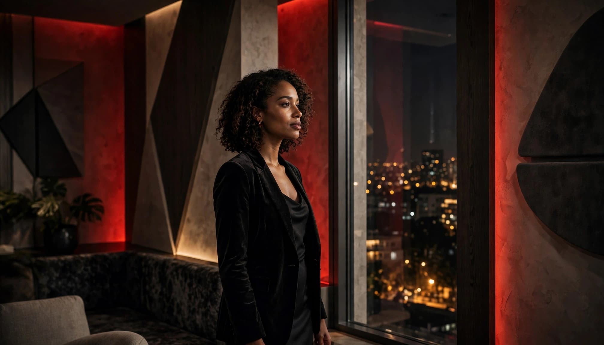 Women Escorts Nairobi: A Safety-First Adult Guide 3 Xxnairobi- Best Escorts in Nairobi Directory in Kenya Elegantly dressed woman standing beside a city window in a quiet Nairobi lounge.