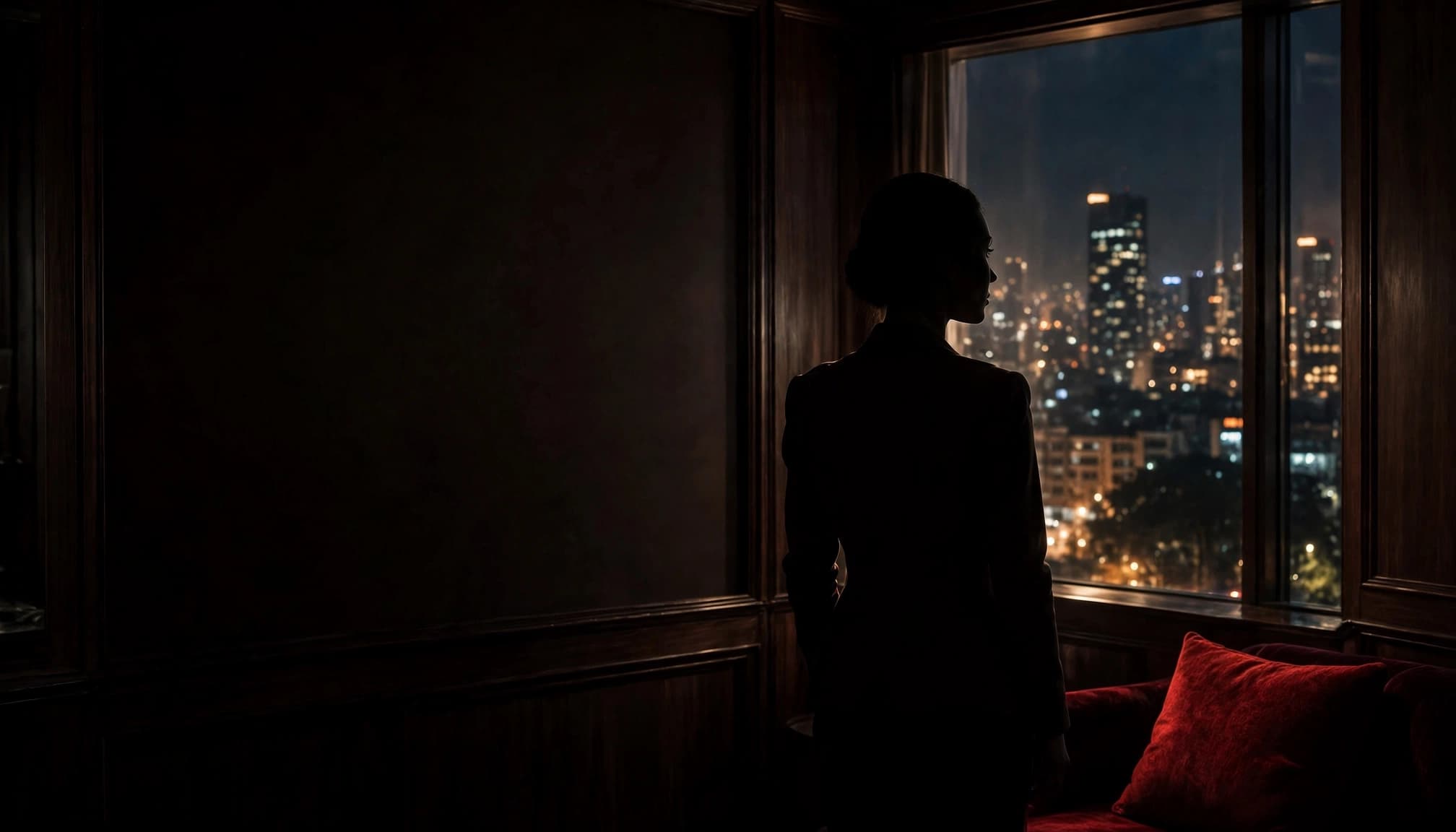 Ladies Escorts Nairobi: Safer Browsing and Contact 7 Xxnairobi- Best Escorts in Nairobi Directory in Kenya A woman's silhouette stands beside a softly lit Nairobi window in a dark lounge.