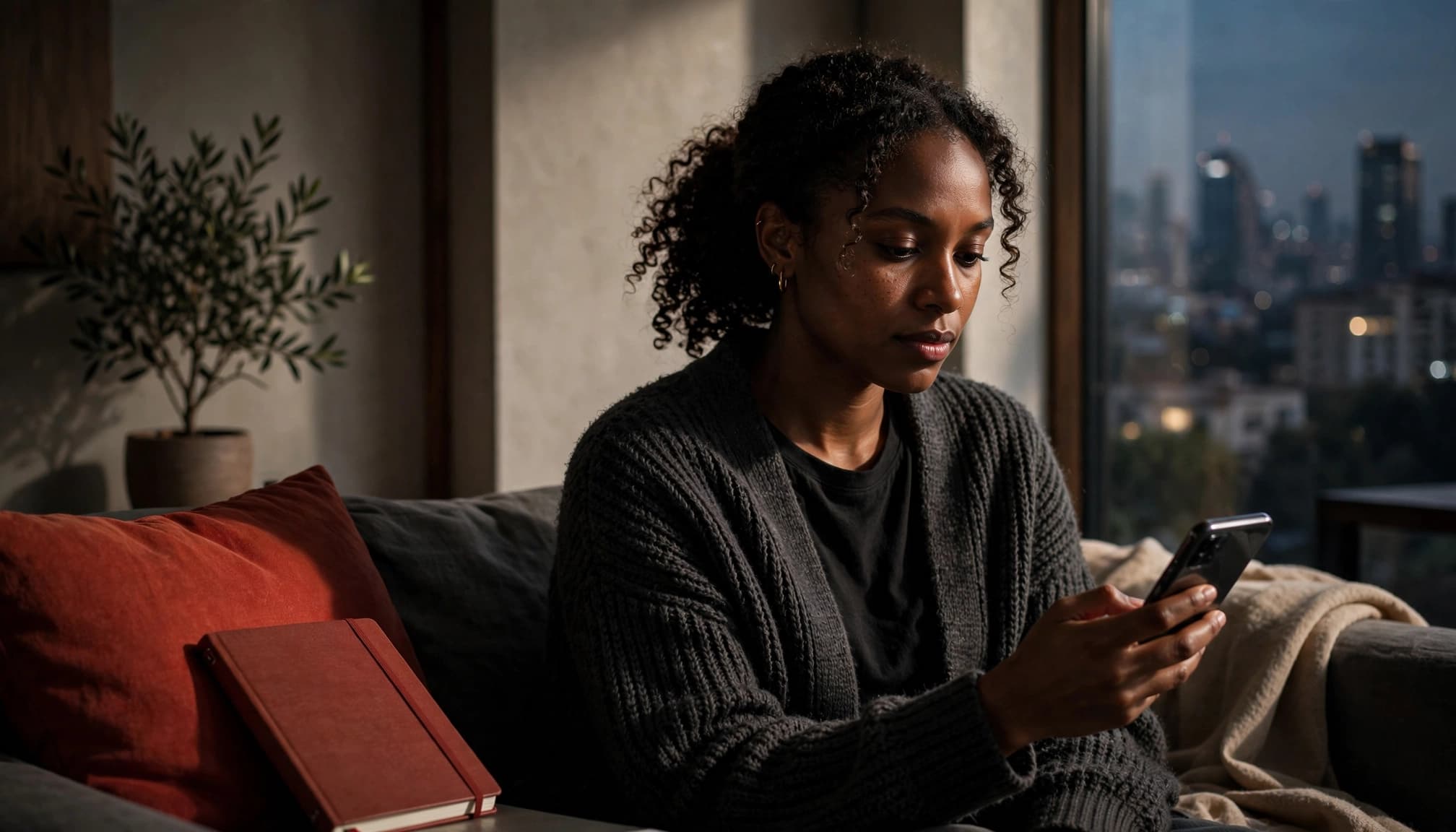Nairobi Escort Ladies: A Safer Browsing Guide 5 Xxnairobi- Best Escorts in Nairobi Directory in Kenya A woman checks a smartphone in a softly lit Nairobi apartment lounge.