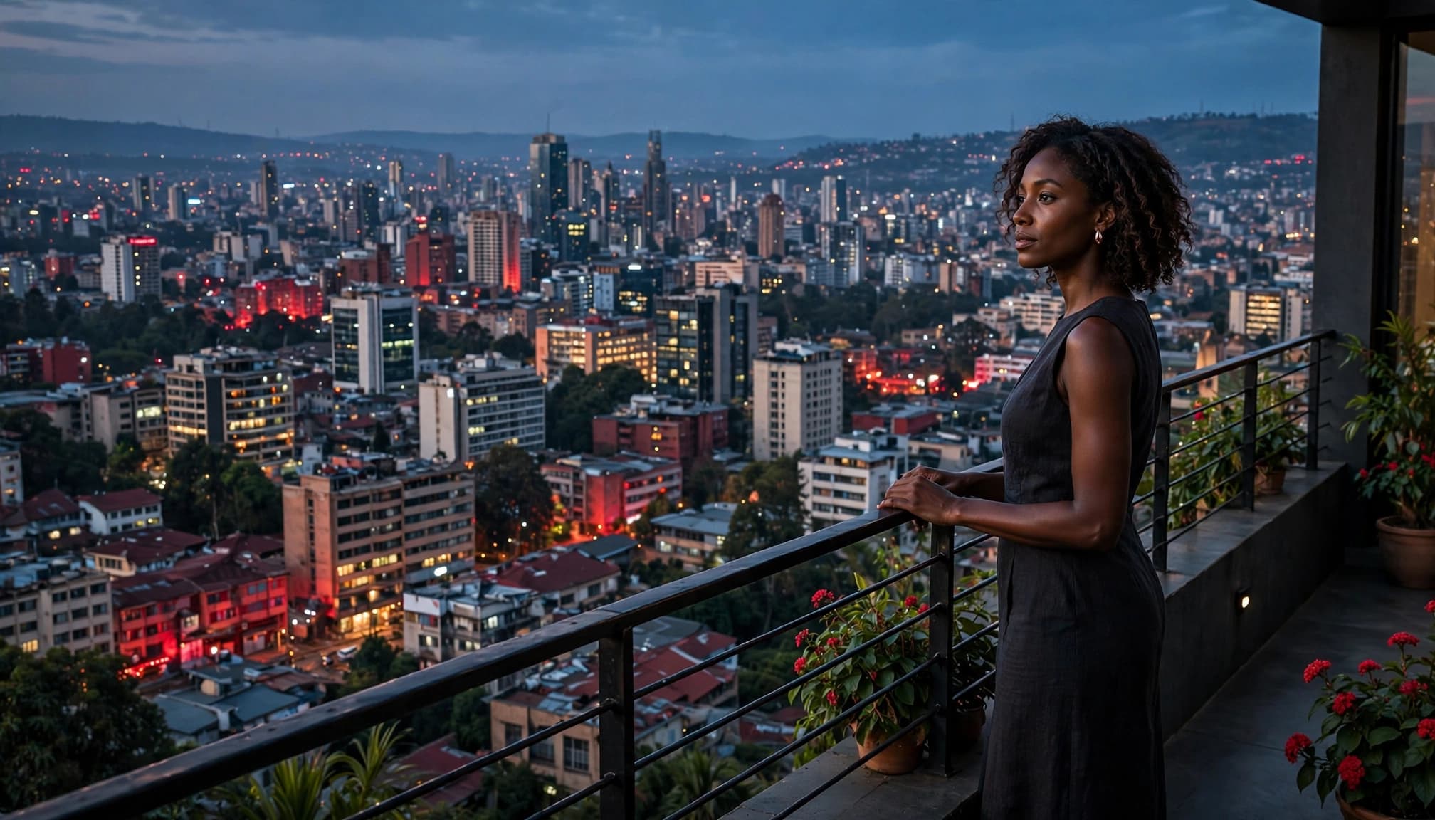 Female Escorts Nairobi: A Safer Search Guide 3 Xxnairobi- Best Escorts in Nairobi Directory in Kenya A woman stands by a terrace railing overlooking Nairobi at dusk.
