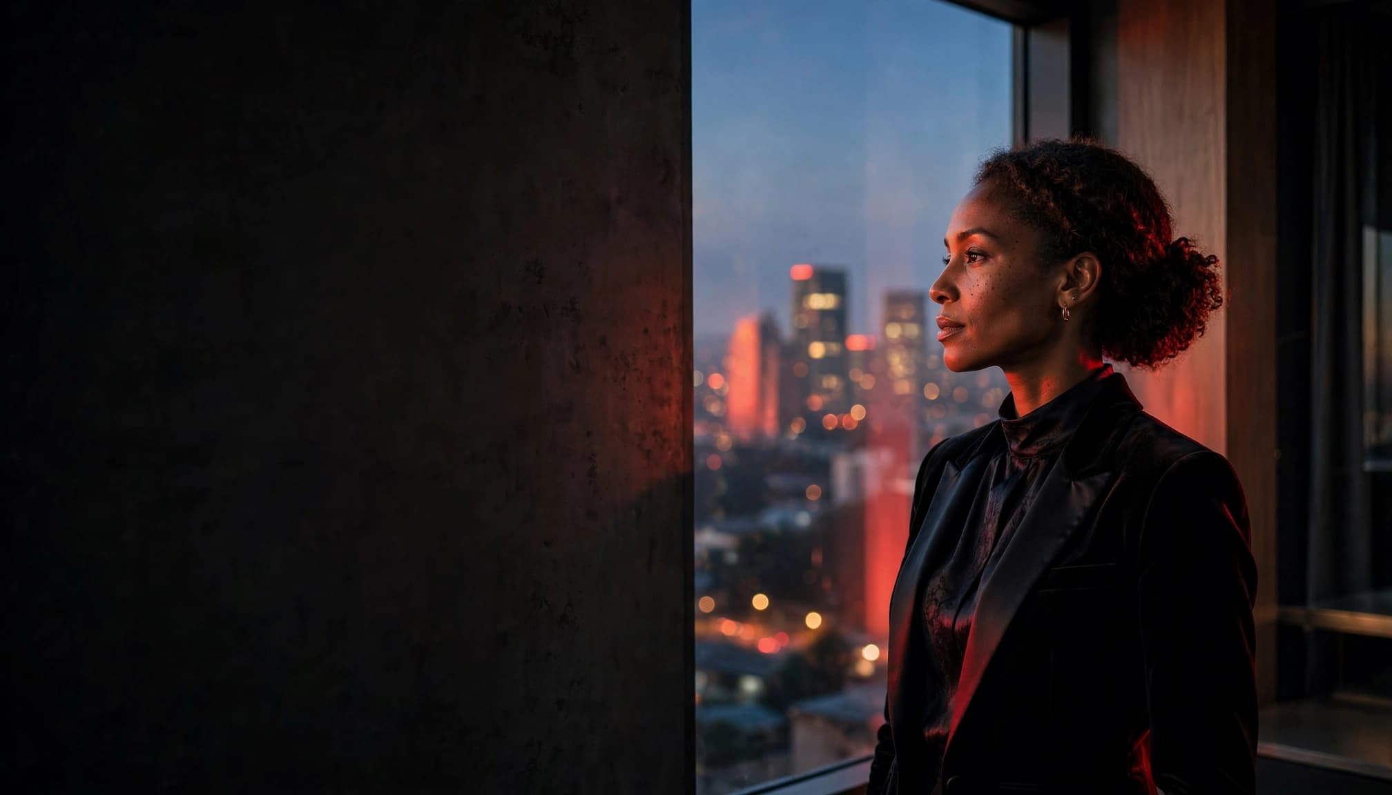 A woman in evening wear stands by a window overlooking Nairobi at dusk.
