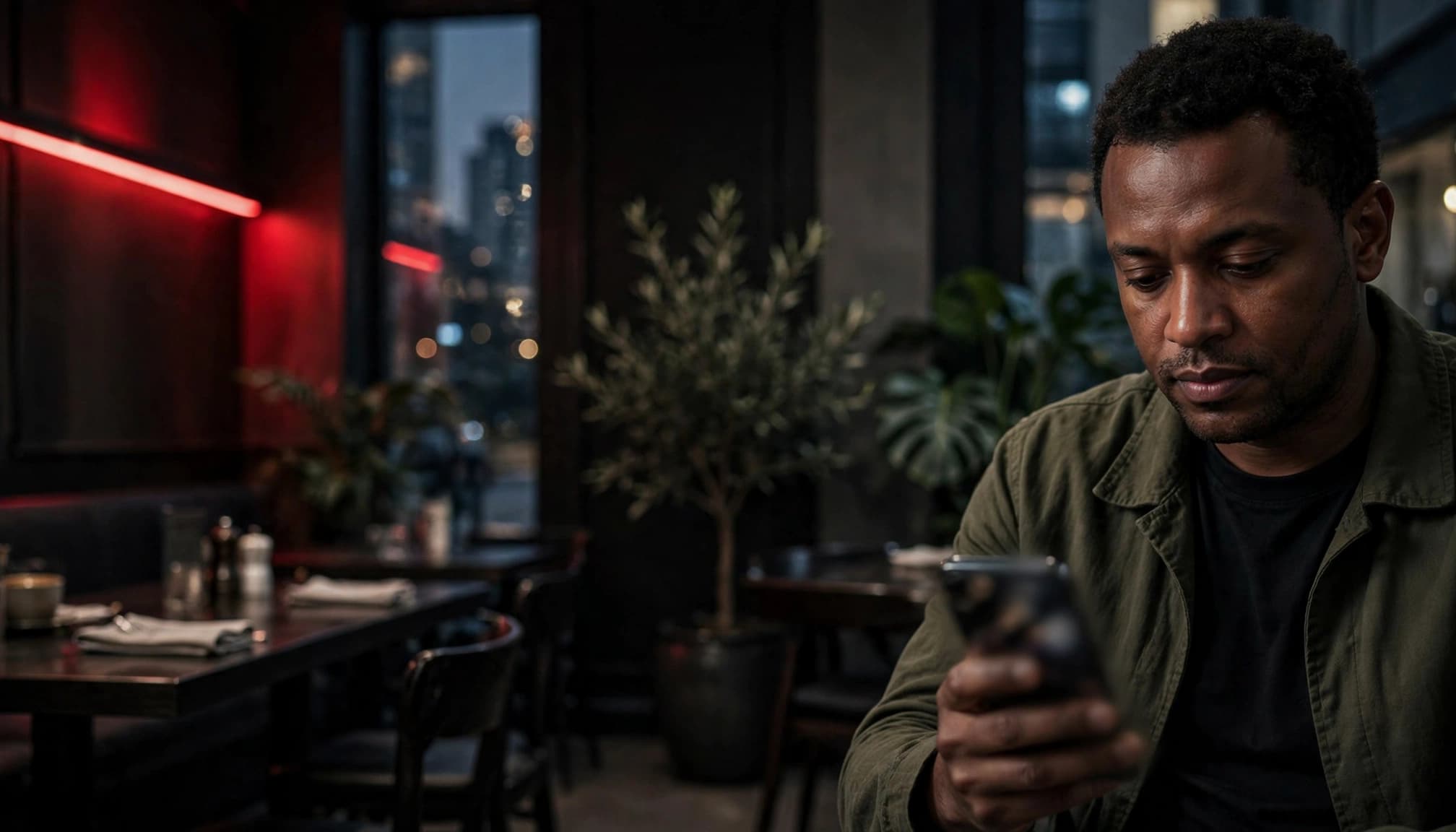 An adult reviews a blurred phone profile in a dim cafe with red lighting.