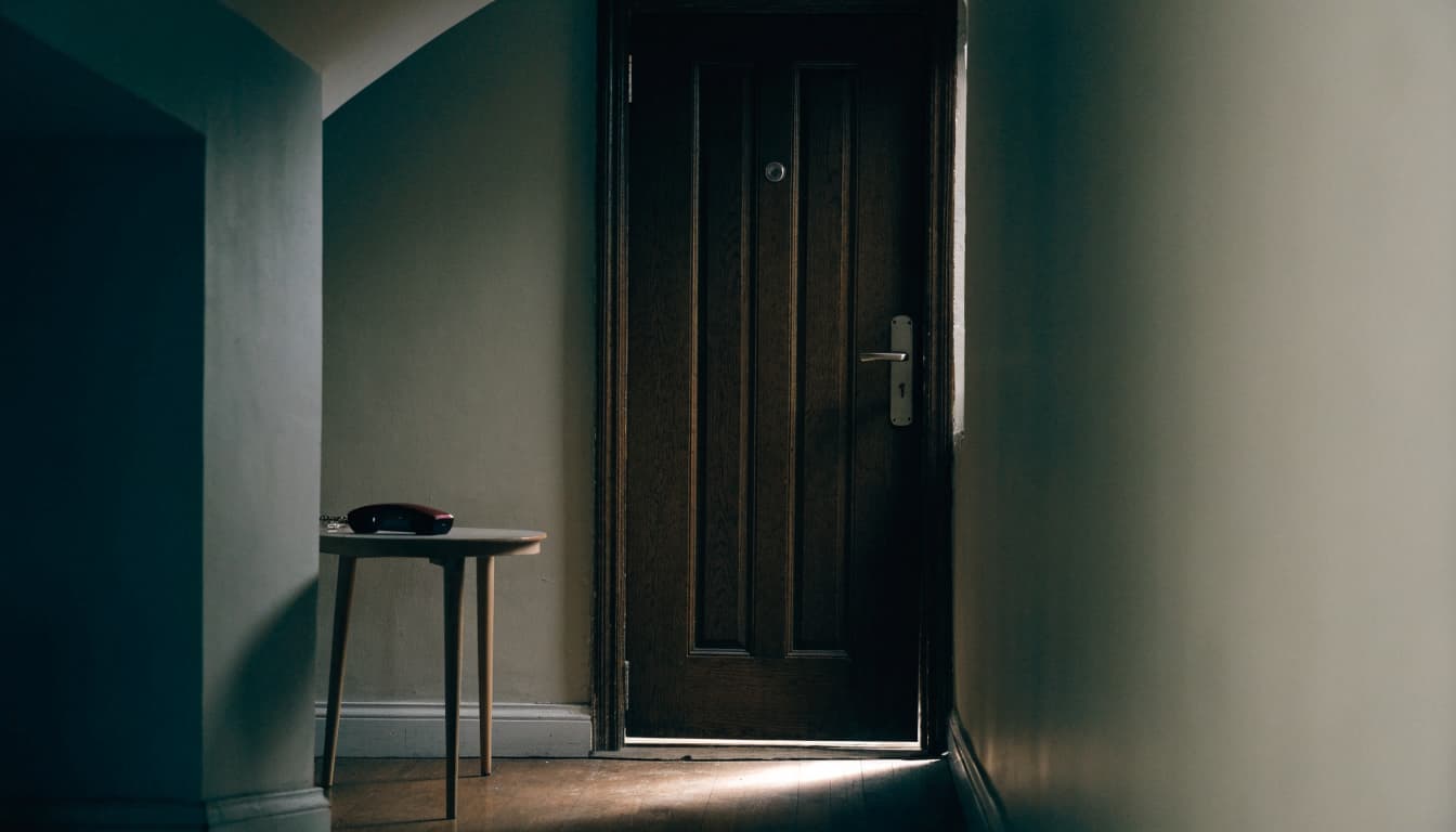 A closed dark wood apartment door with a small side table holding a red phone.