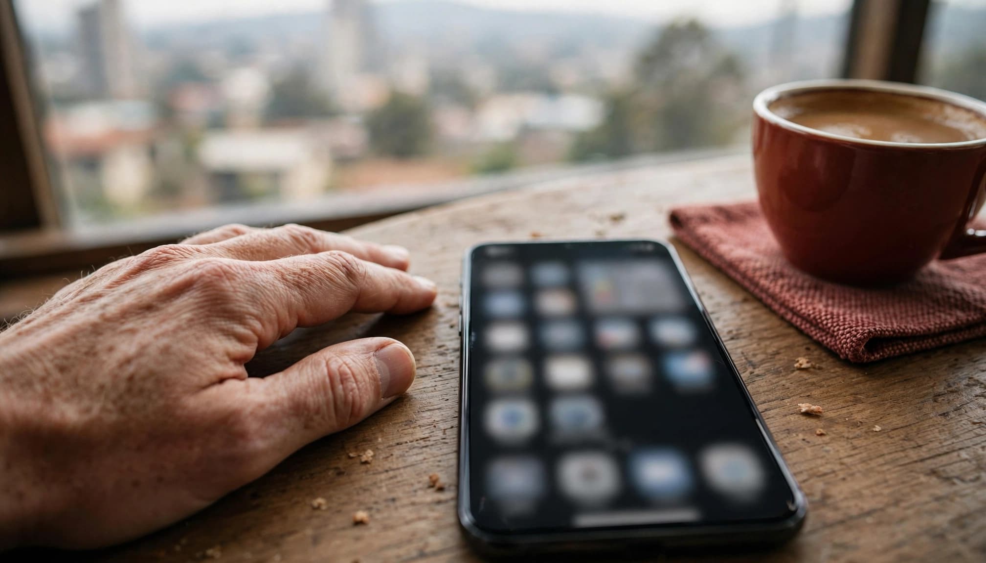 A hand rests on a wooden table beside a smartphone and a coffee cup.