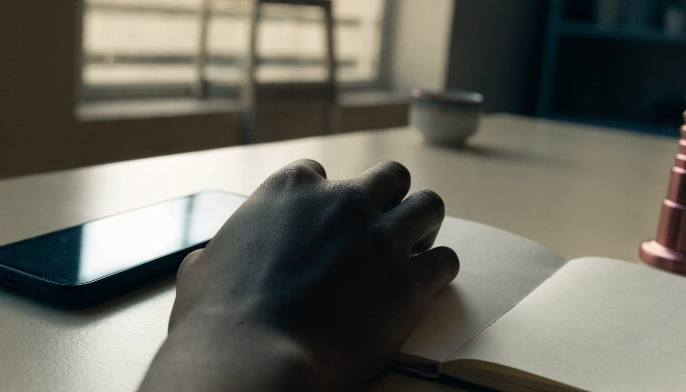 A hand rests on a table next to a smartphone and an open notebook in a cafe.