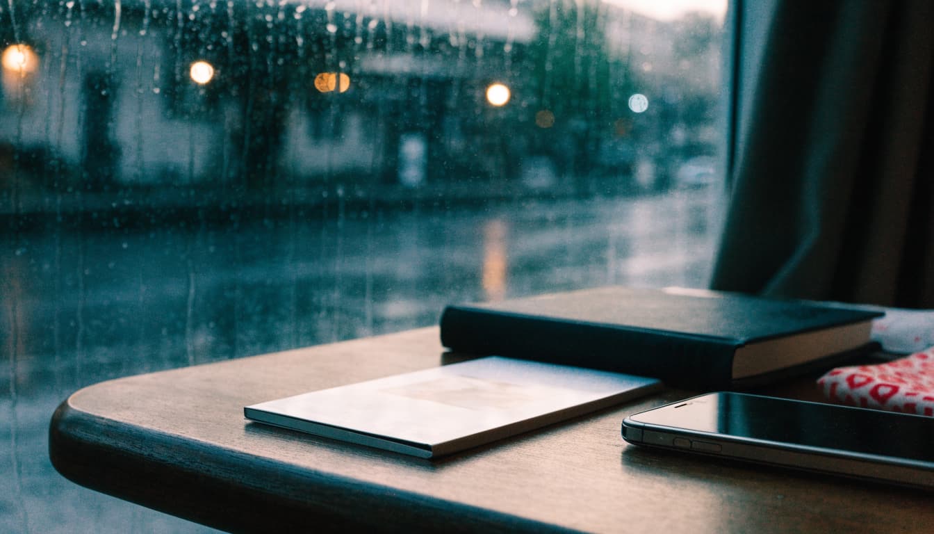 A still life with a photo card, a closed notebook, and a phone on a table by a rain-streaked window.