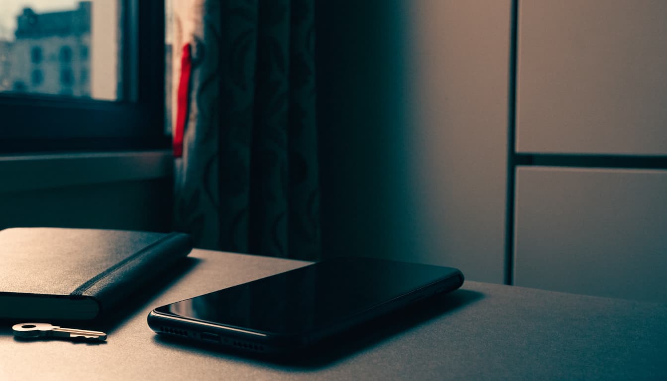 A smartphone, closed notebook, and key on a table by a window at dusk.