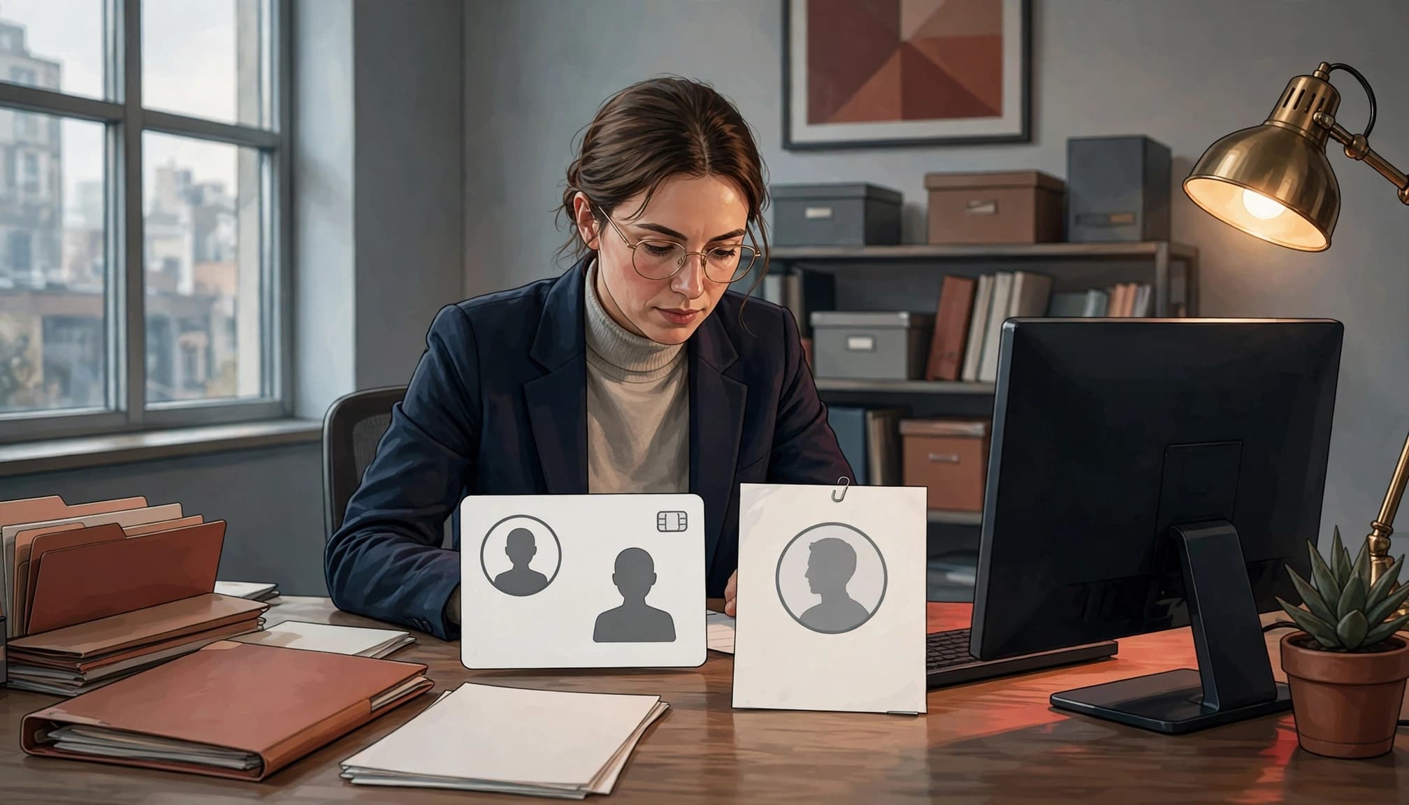 A woman at a desk reviews identification documents with silhouettes.