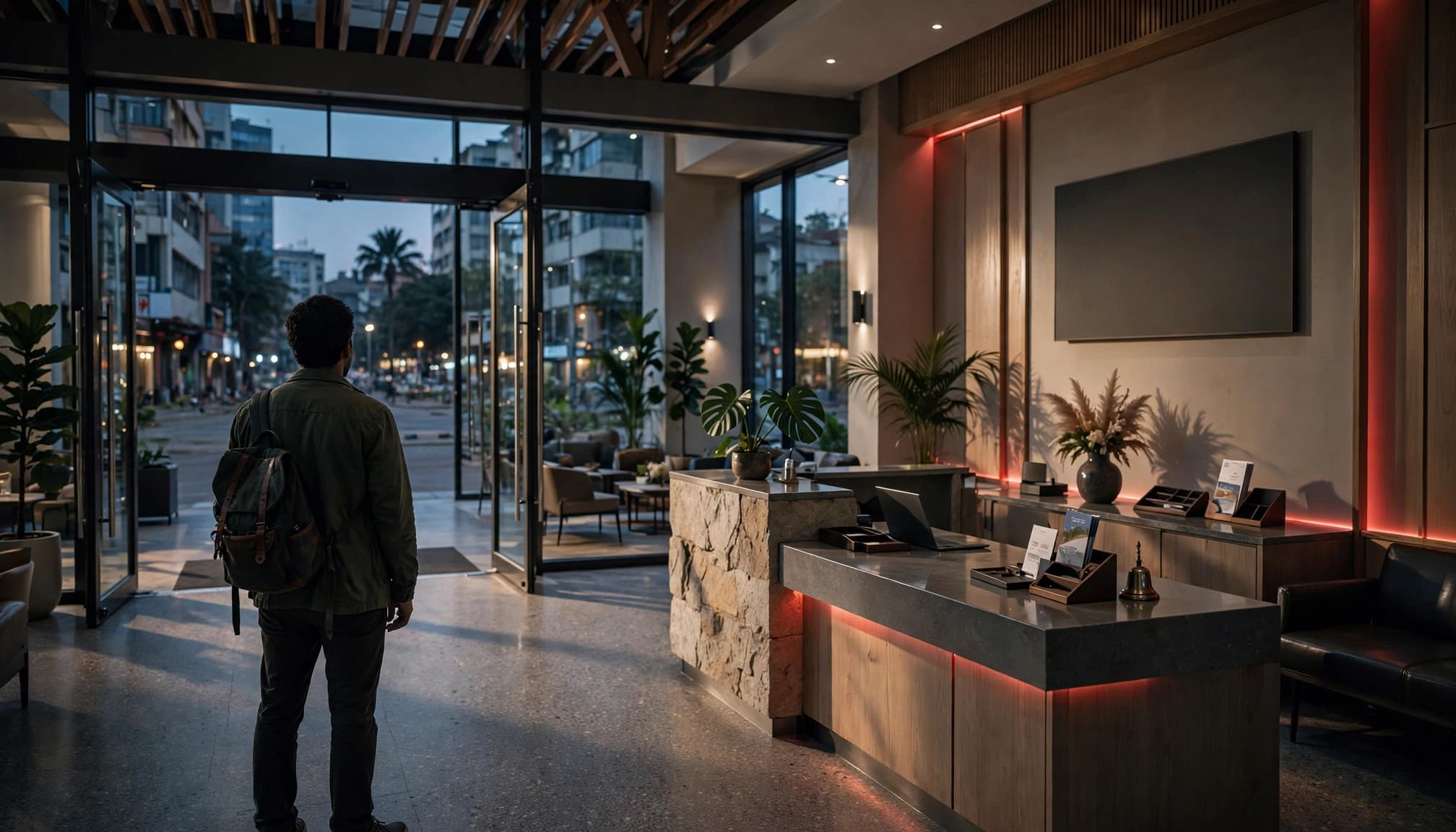A person with a backpack stands inside a hotel lobby, looking toward the open entrance.