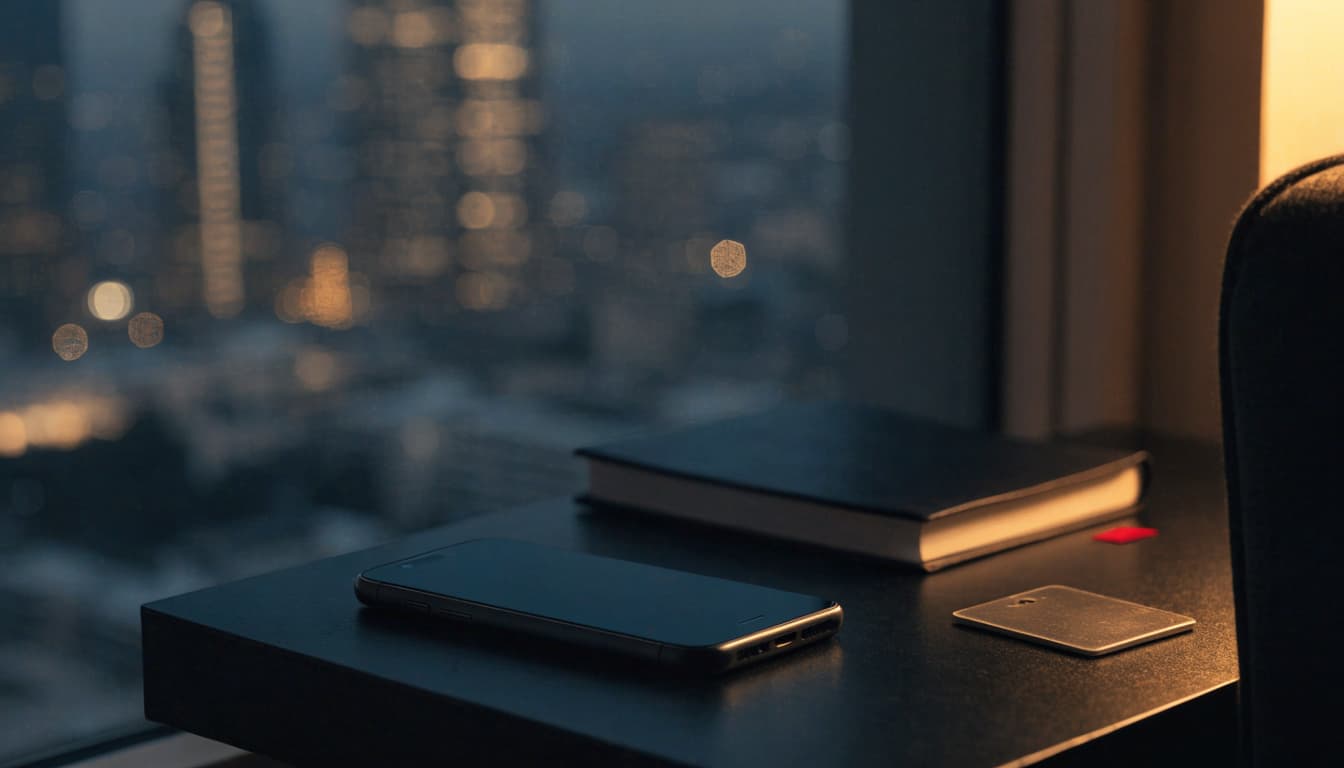 A smartphone face down, a closed notebook, and a key card on a table by a window.