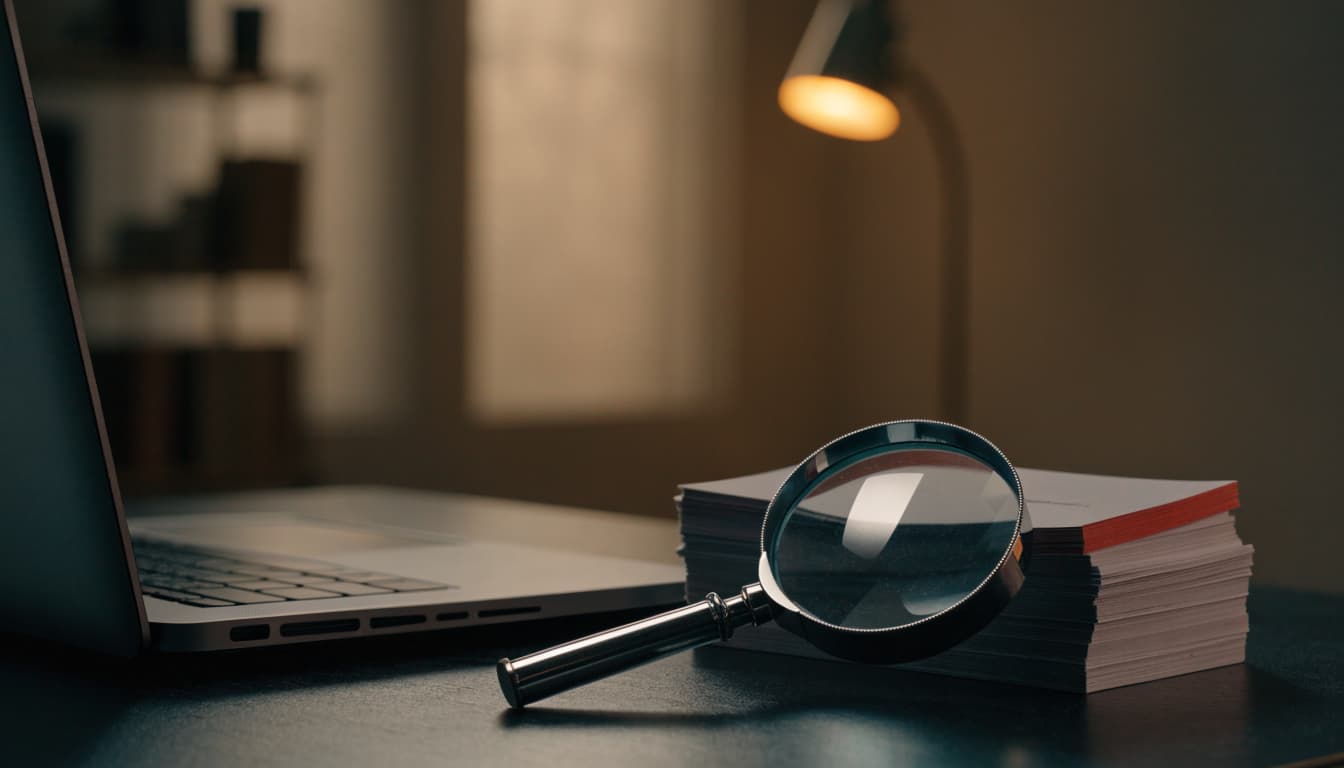 A magnifying glass rests on a stack of blank cards next to a closed laptop on a dark desk.