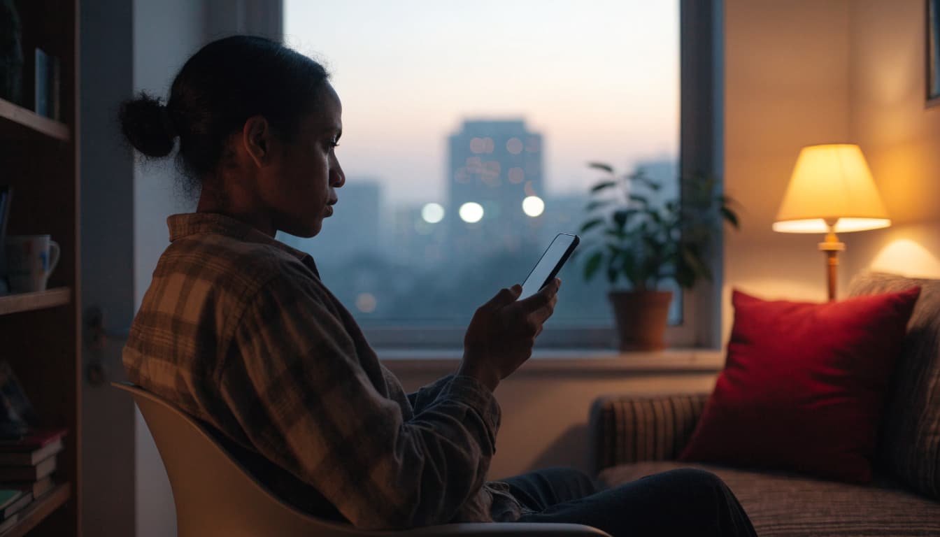 A person sitting by a window at dusk, looking at a smartphone.