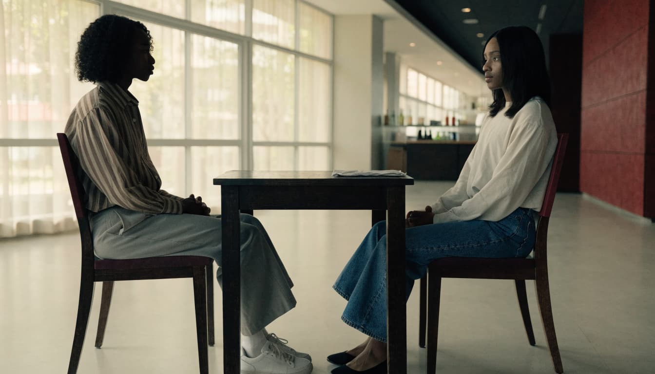 Two adults sit across a small wooden table from each other in a bright, modern interior space.
