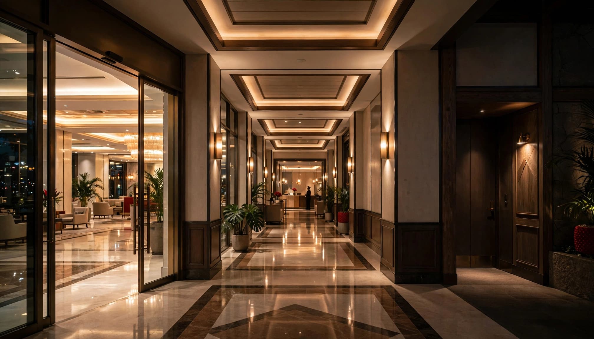 A wide, polished hotel corridor with warm lighting and a distant silhouette of a person.