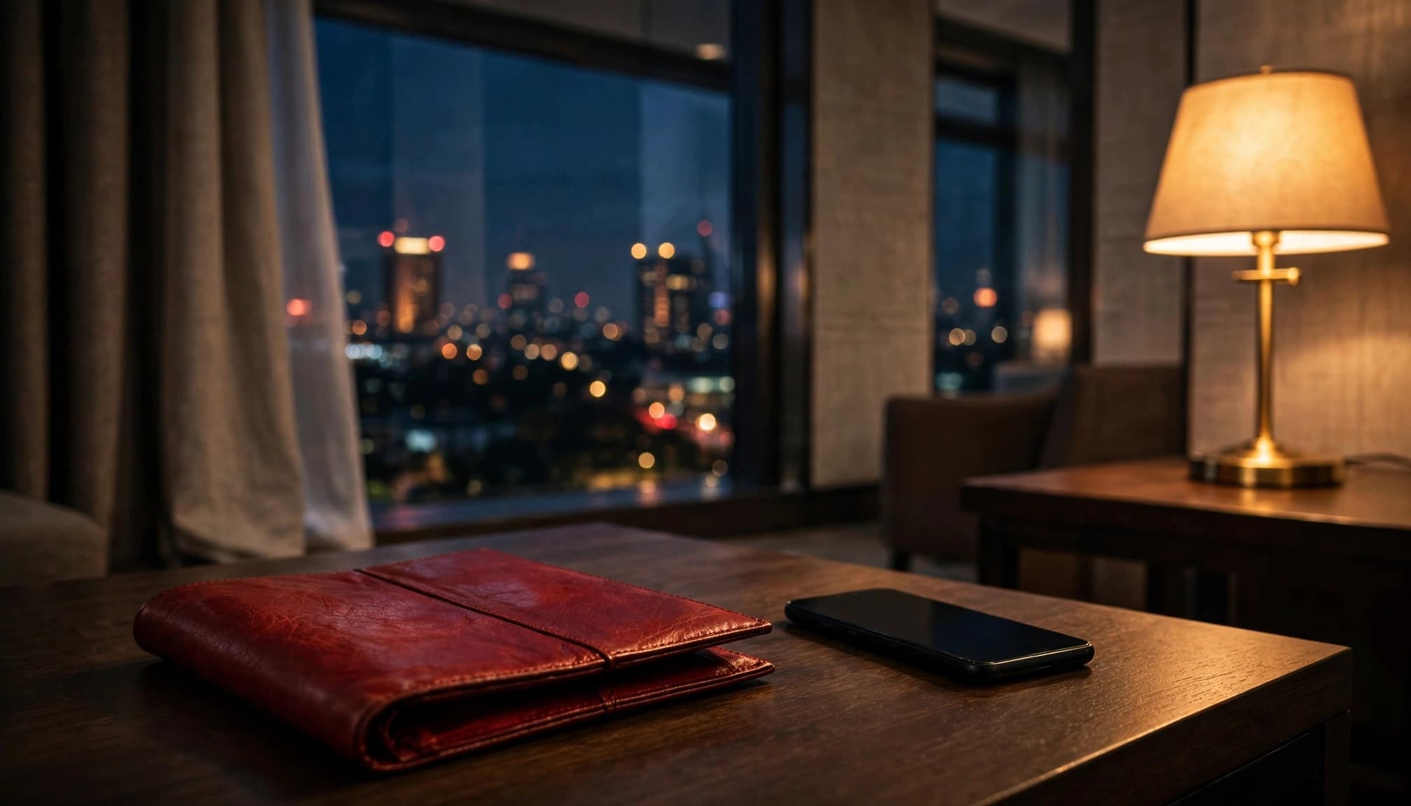 A red leather folio and smartphone rest on a wooden table in a hotel room at night.