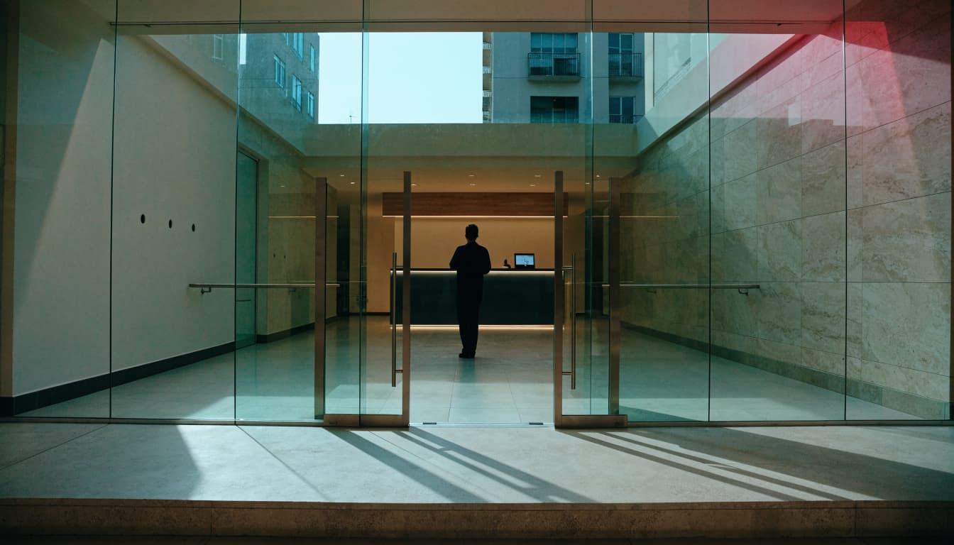 A person seen from behind stands inside a modern, glass-walled hotel lobby with a distant reception desk.