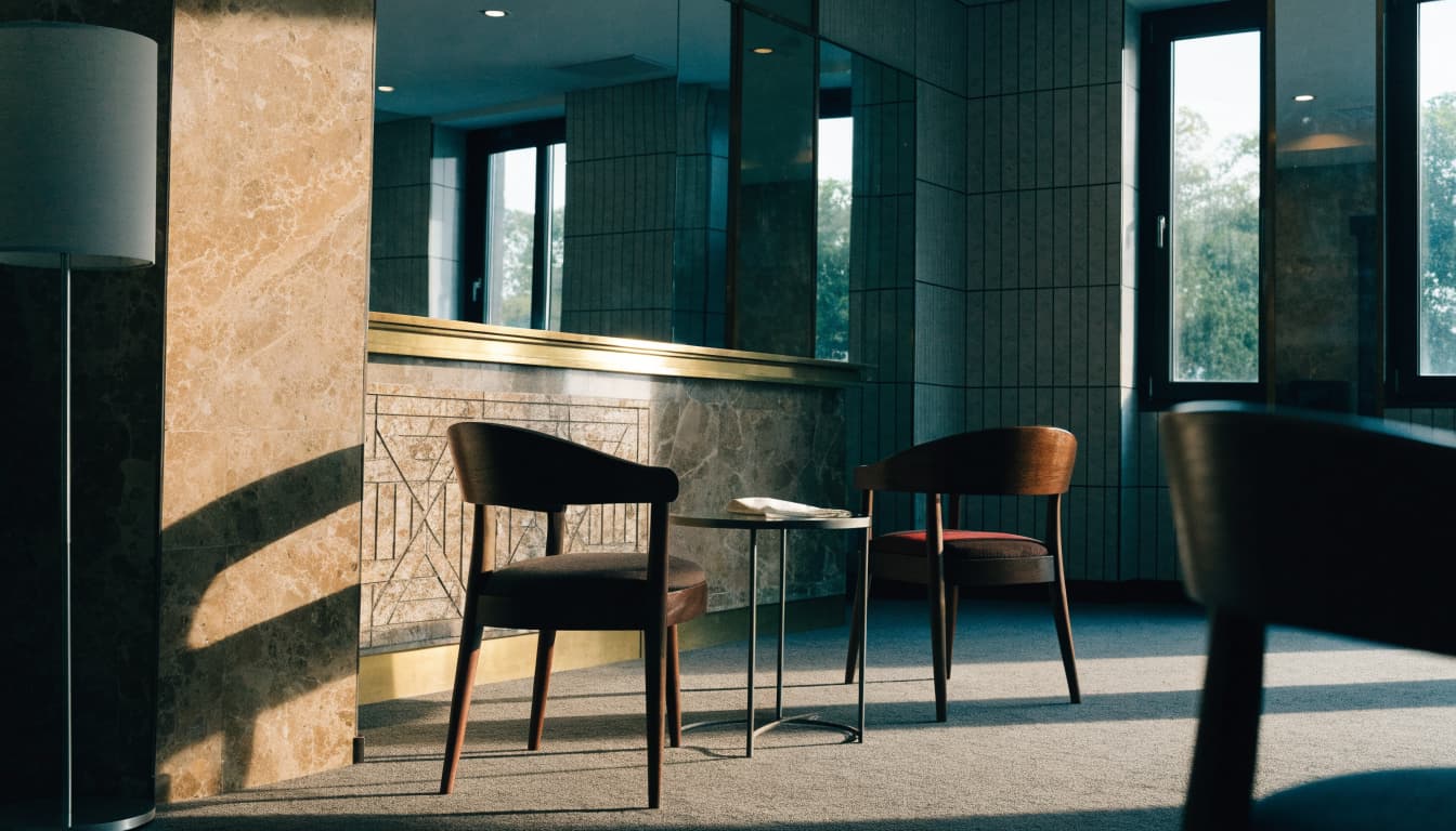 A hotel lounge area with two chairs, a small table, and a reception desk in the background.