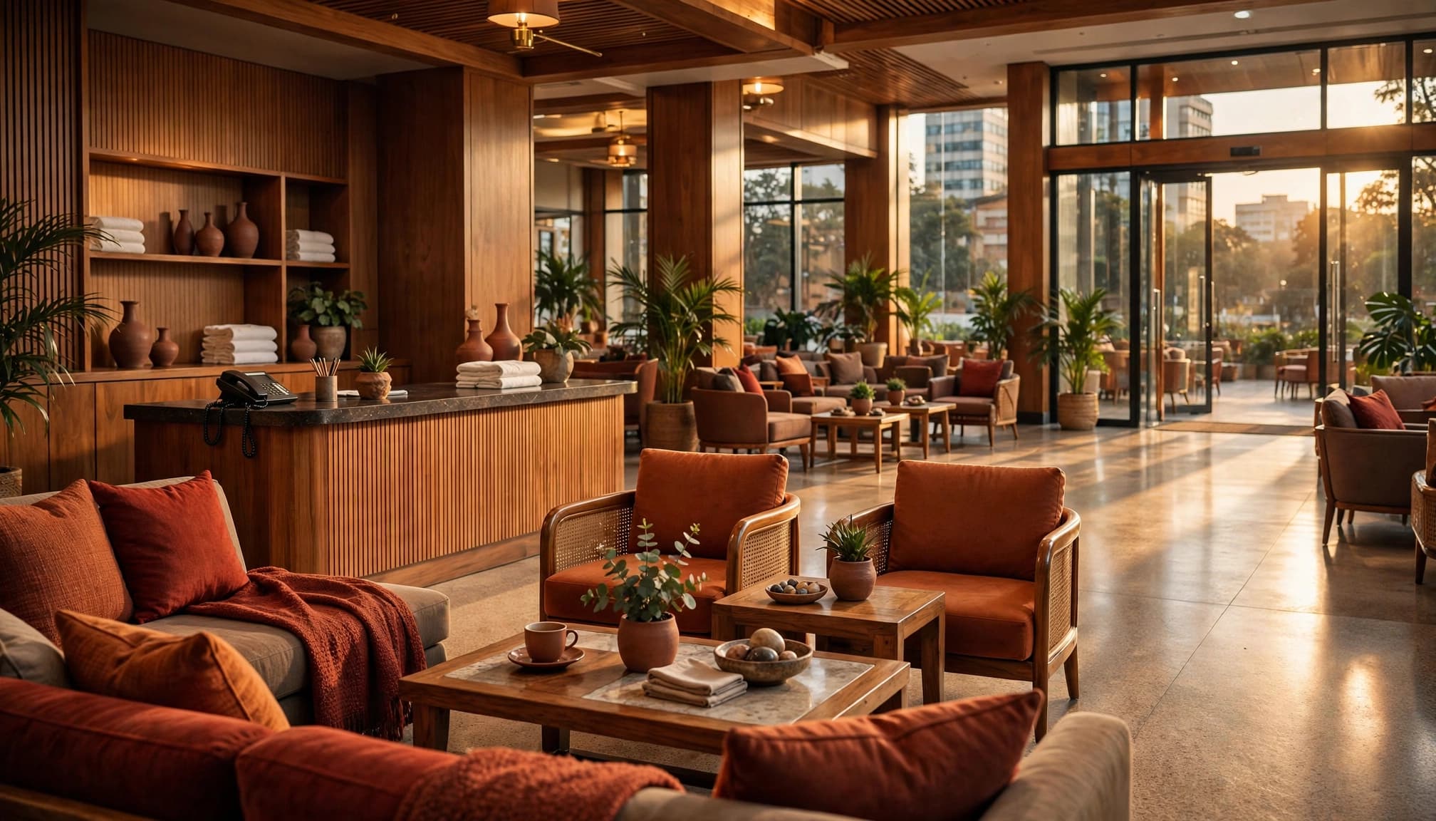 A warm, modern hotel lobby with wooden details, comfortable seating, and a reception desk.