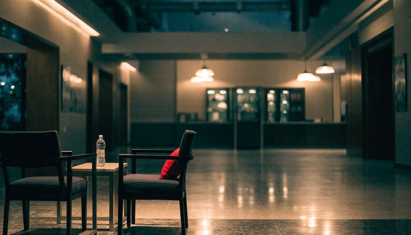 Two empty chairs and a small table with a water bottle in a hotel lobby.