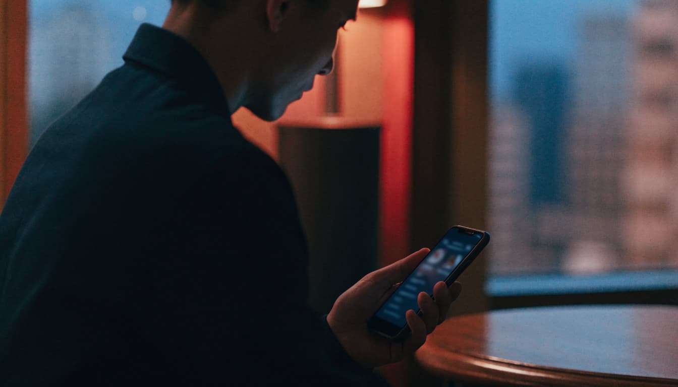 A person seated in profile uses a smartphone in a dimly lit room with a city view.