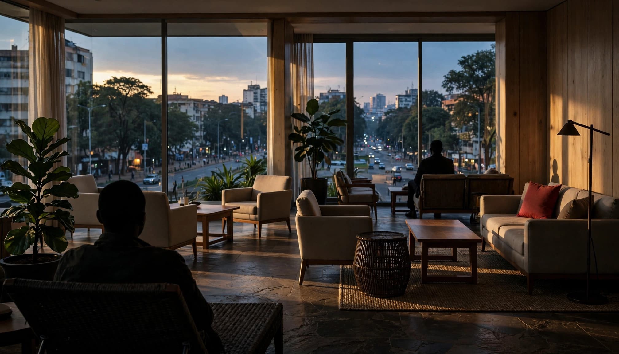 Two people sit separately in a modern hotel lounge overlooking a city avenue at dusk.