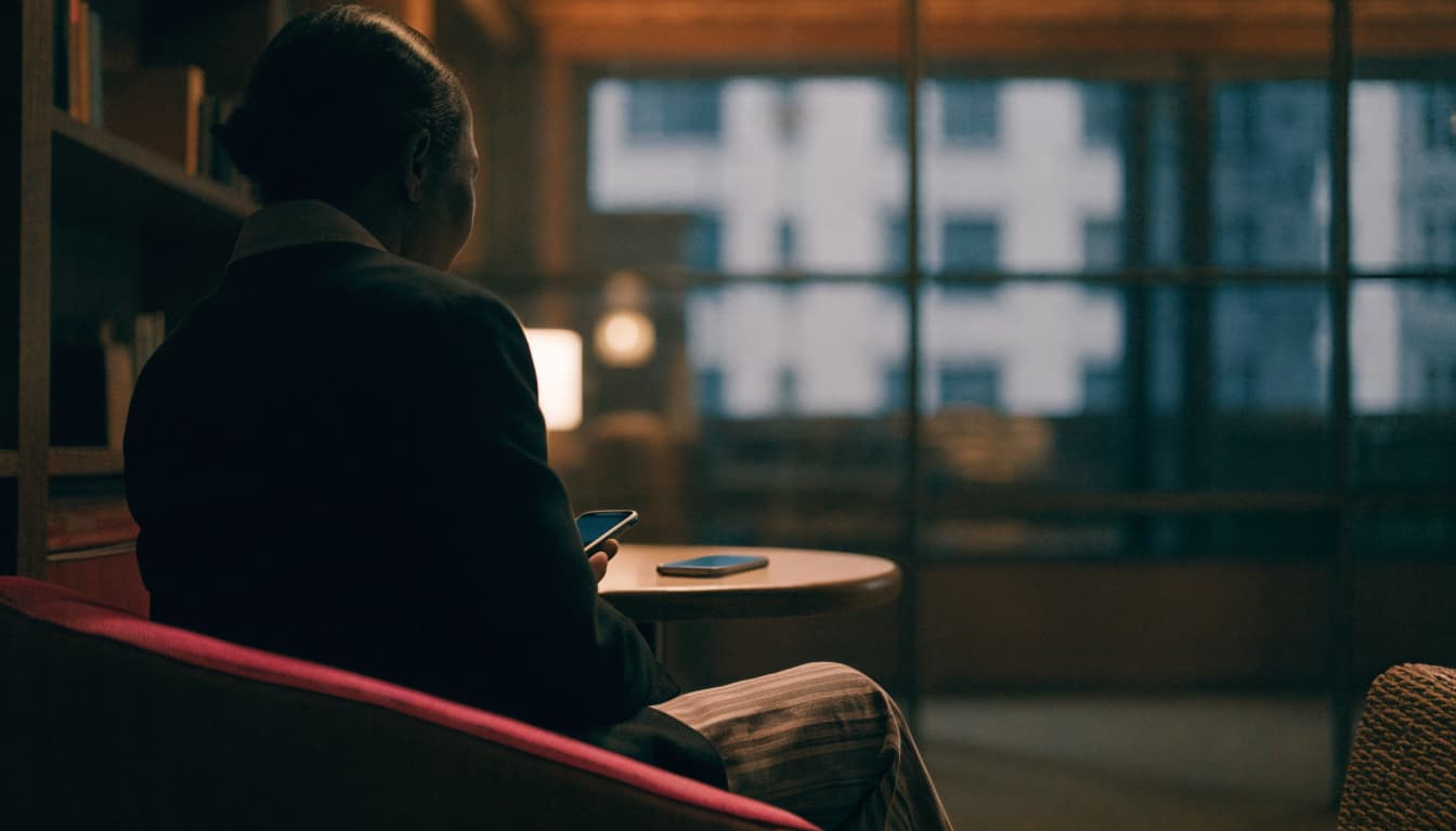 A person seen from behind sits in a lounge, holding a smartphone while another phone rests on the table.
