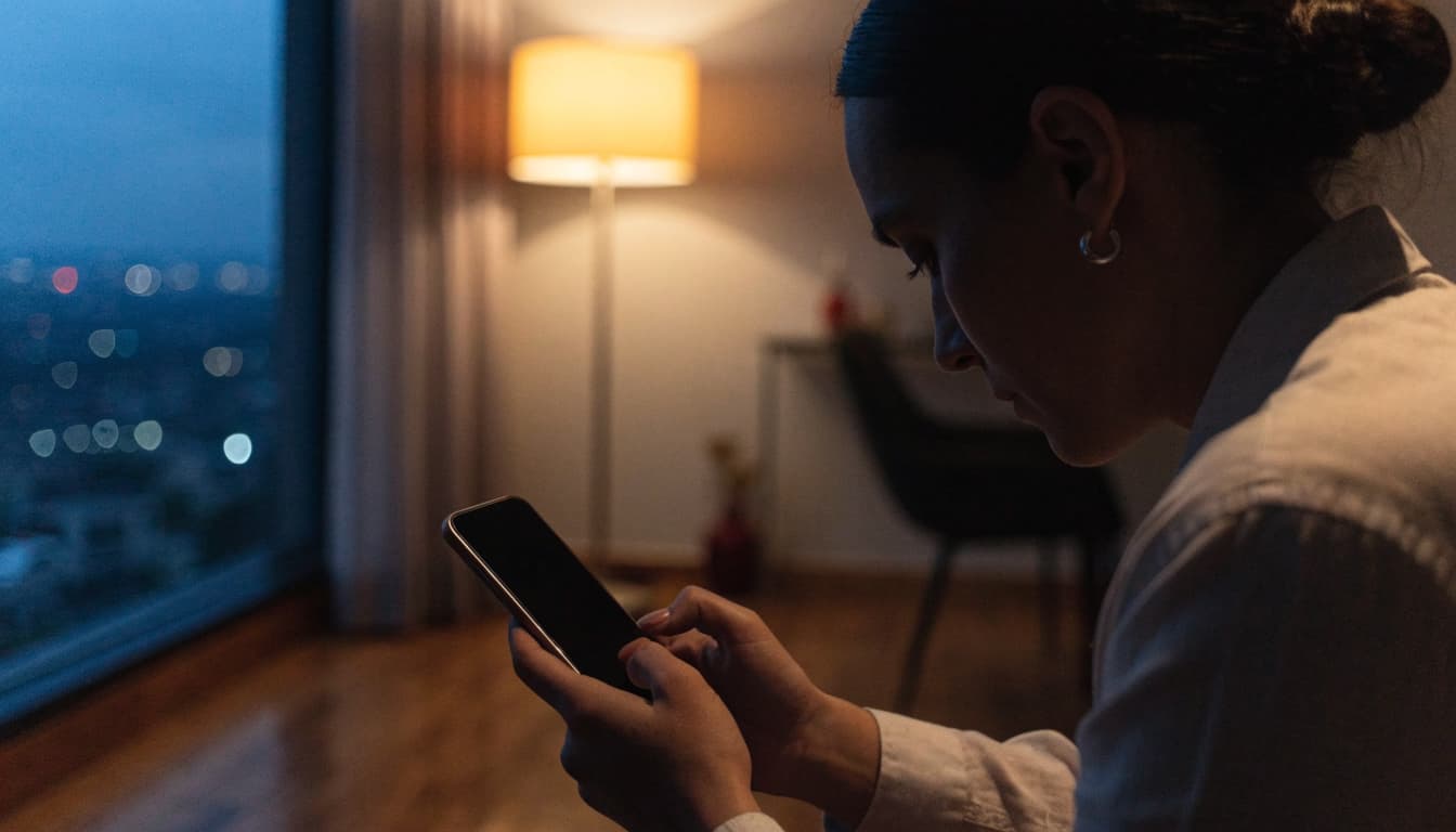 A person in profile looks down at a blank smartphone screen in a dimly lit room with a city view.