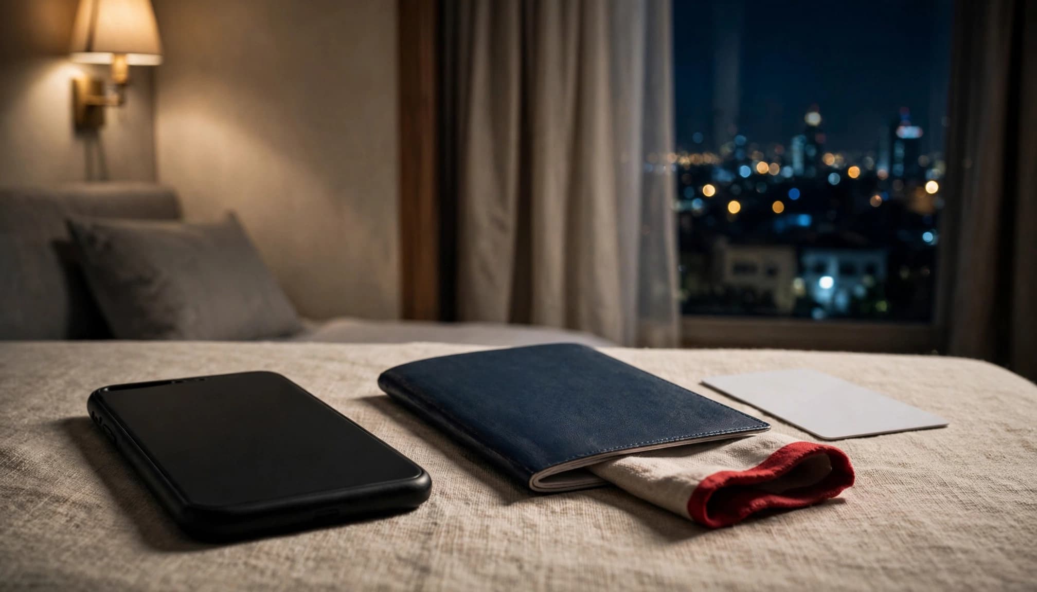 A smartphone, passport, and key card on a hotel table at night.