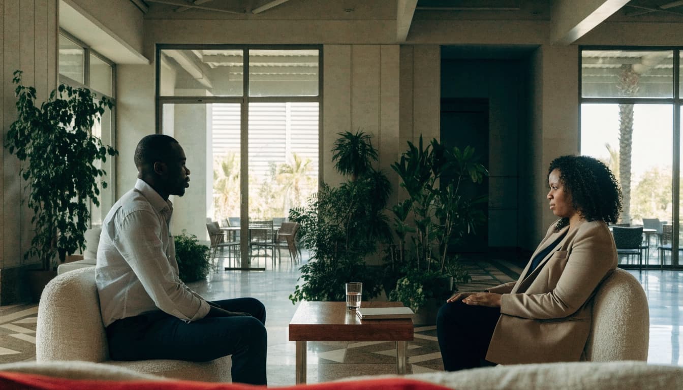 A man and woman sit across from each other in a bright, modern hotel lobby lounge.