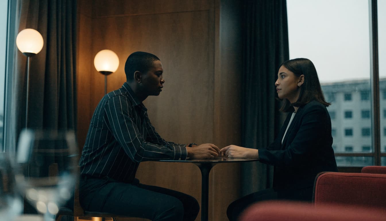 Two adults having a calm conversation seated across from each other at a small table.