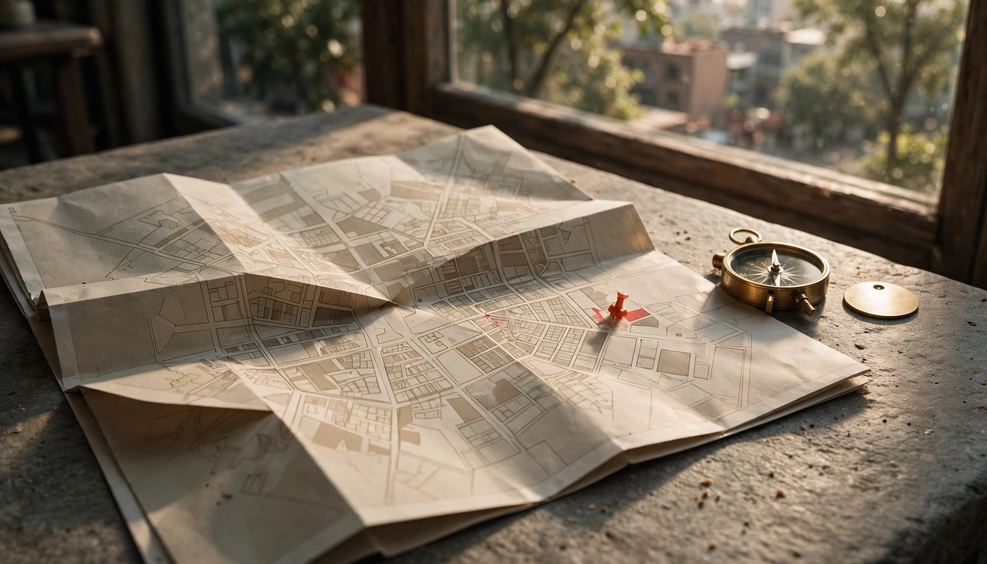 A folded map with a red pin, a compass, and a token on a stone table by a window.