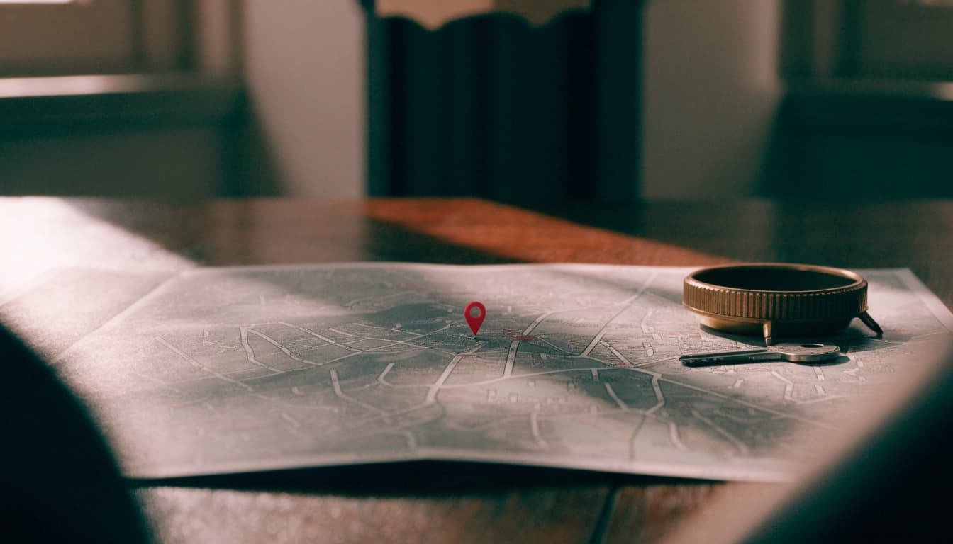 A map with a red pin, a compass, and a key on a wooden table.