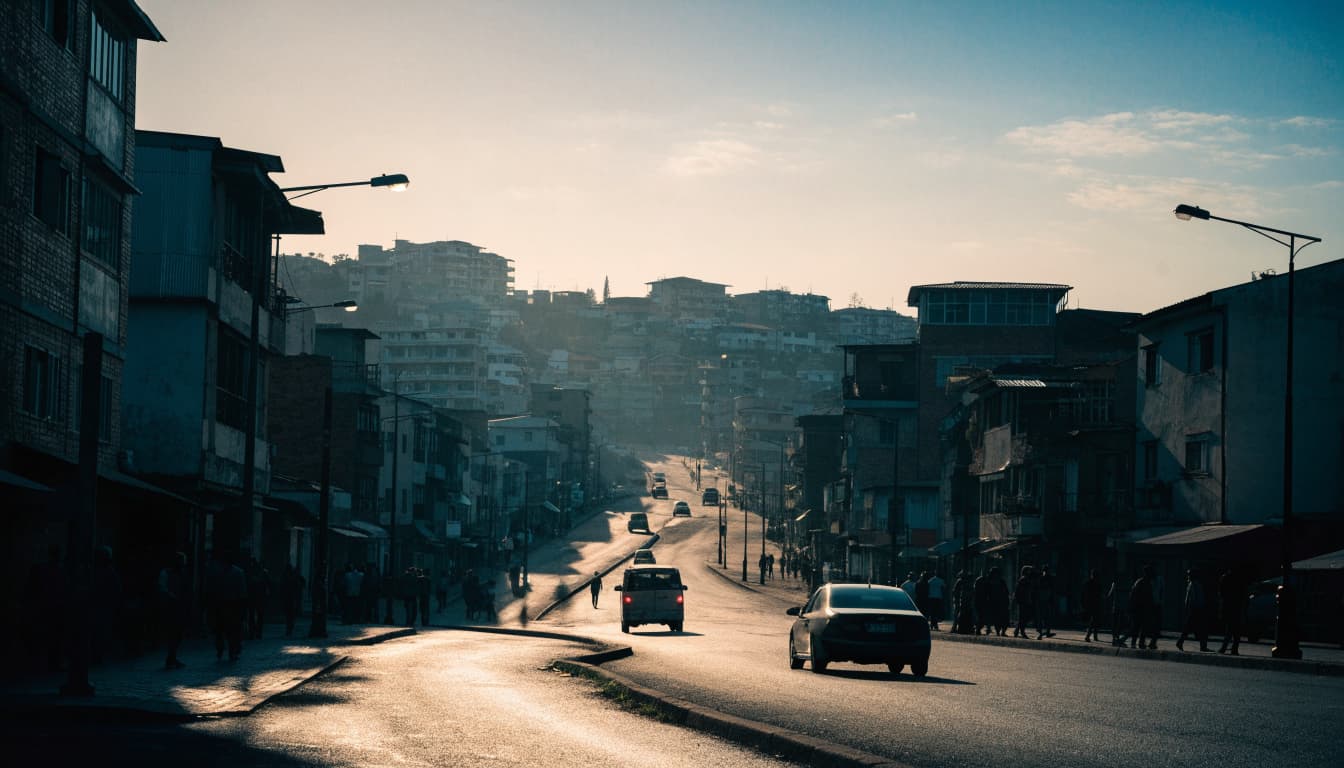 A wide shot of a bustling city street with cars and pedestrians in the early morning light.