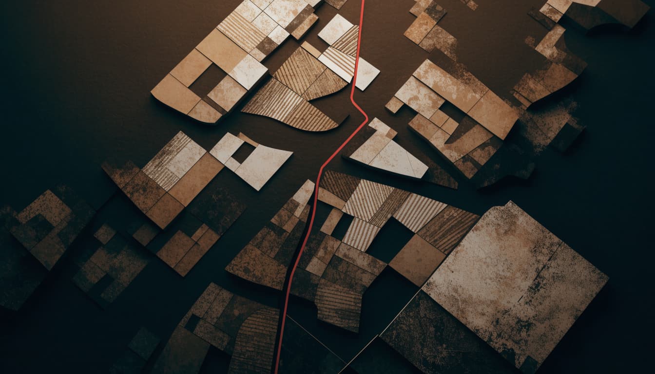 An abstract flat-lay map graphic with geometric blocks and a single red route line.