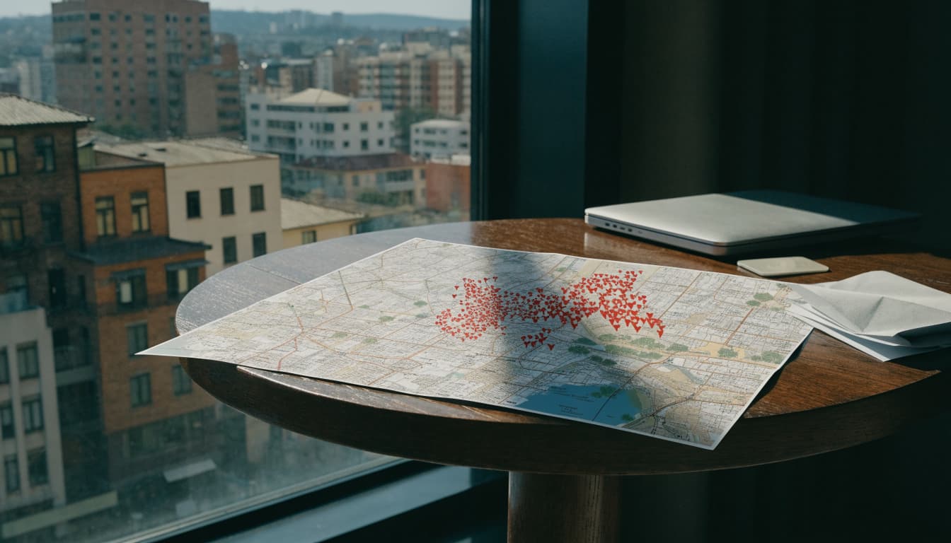 A map with red pins lies on a wooden table by a window overlooking a city.