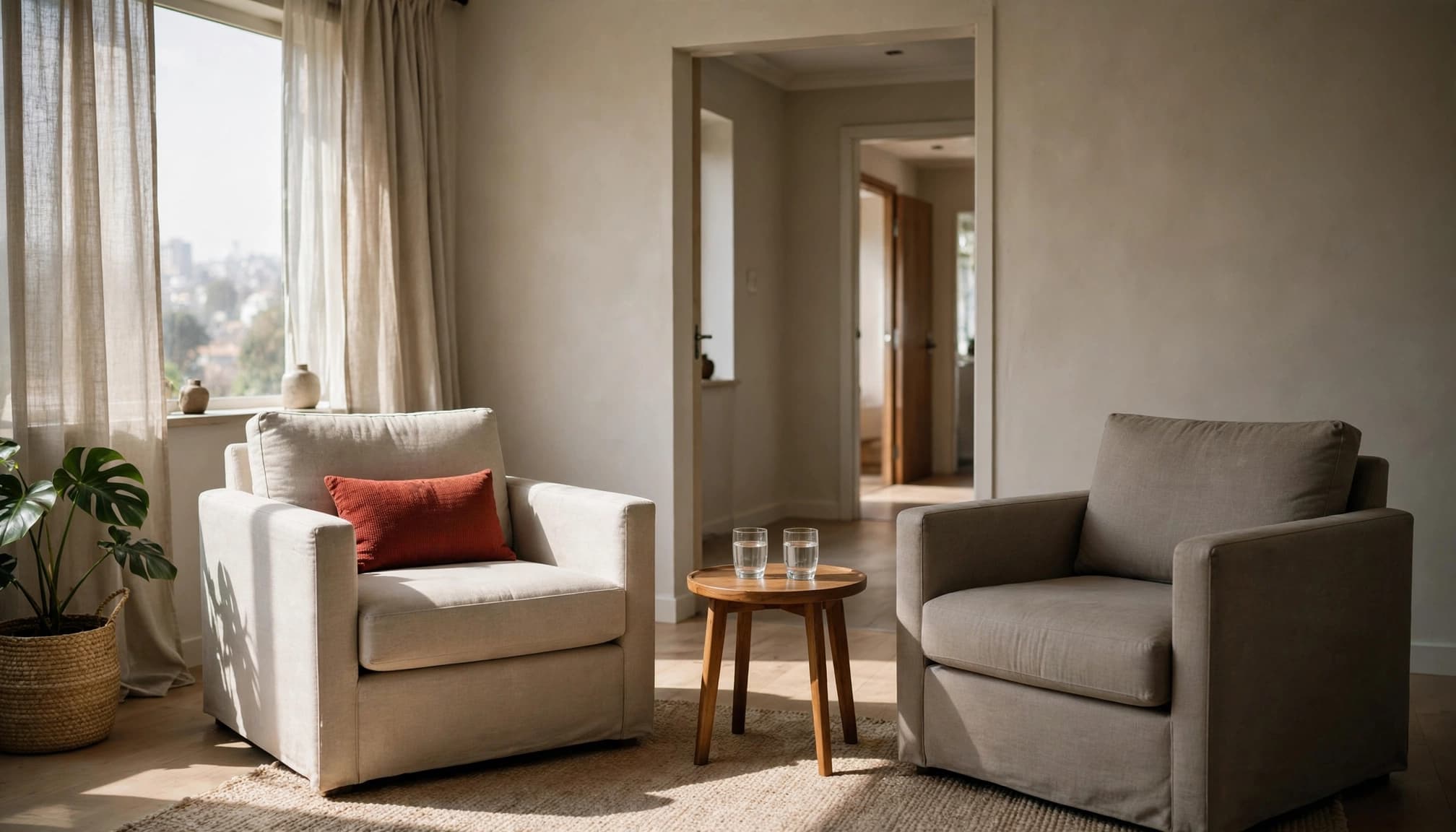 A brightly lit living room with two armchairs, a small wooden side table with two water glasses, and a doorway in the background.