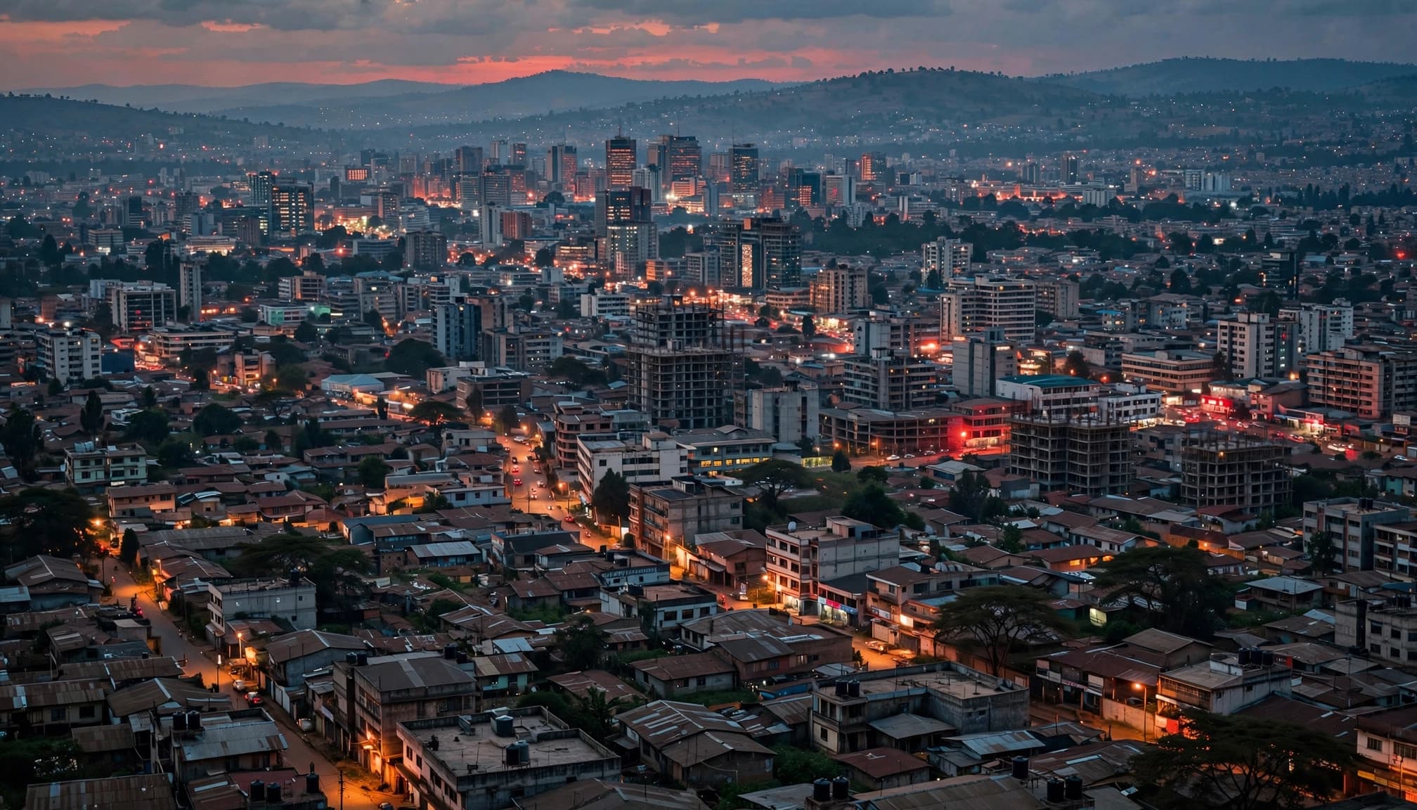 An elevated wide shot of a sprawling urban cityscape at dusk with warm street lights.