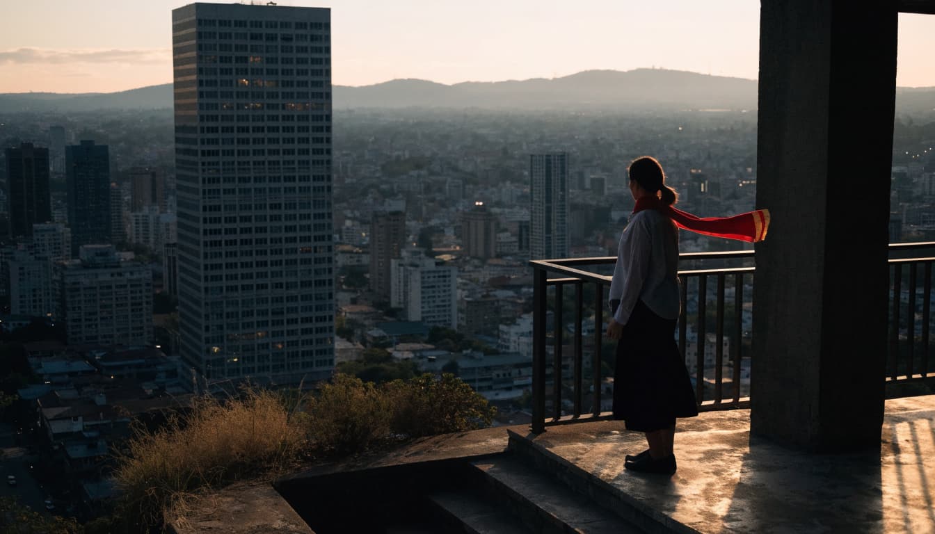 A woman wearing a red scarf stands on a terrace looking at a city skyline at sunset.
