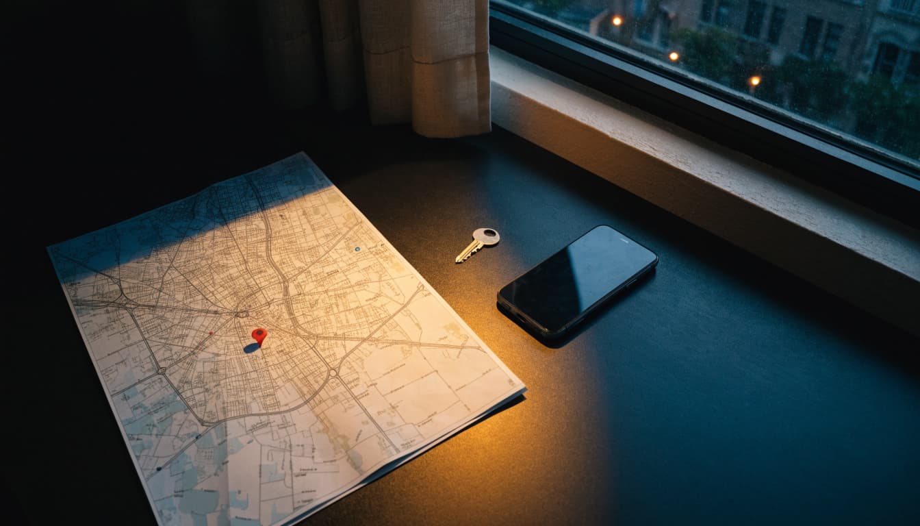 A map, a key, and a phone on a dark desk near a window.