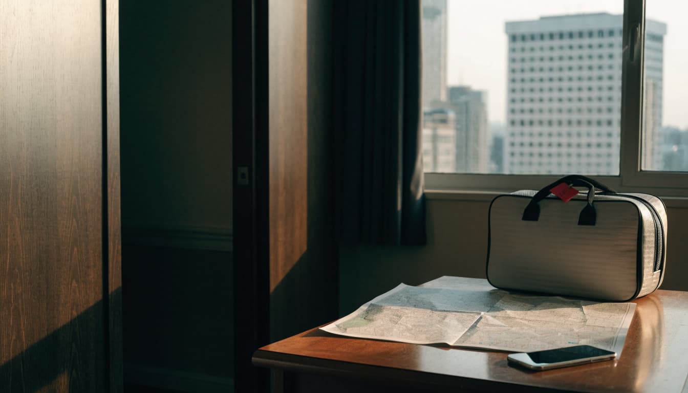 A travel bag, map, and phone on a table in a hotel room with city views.