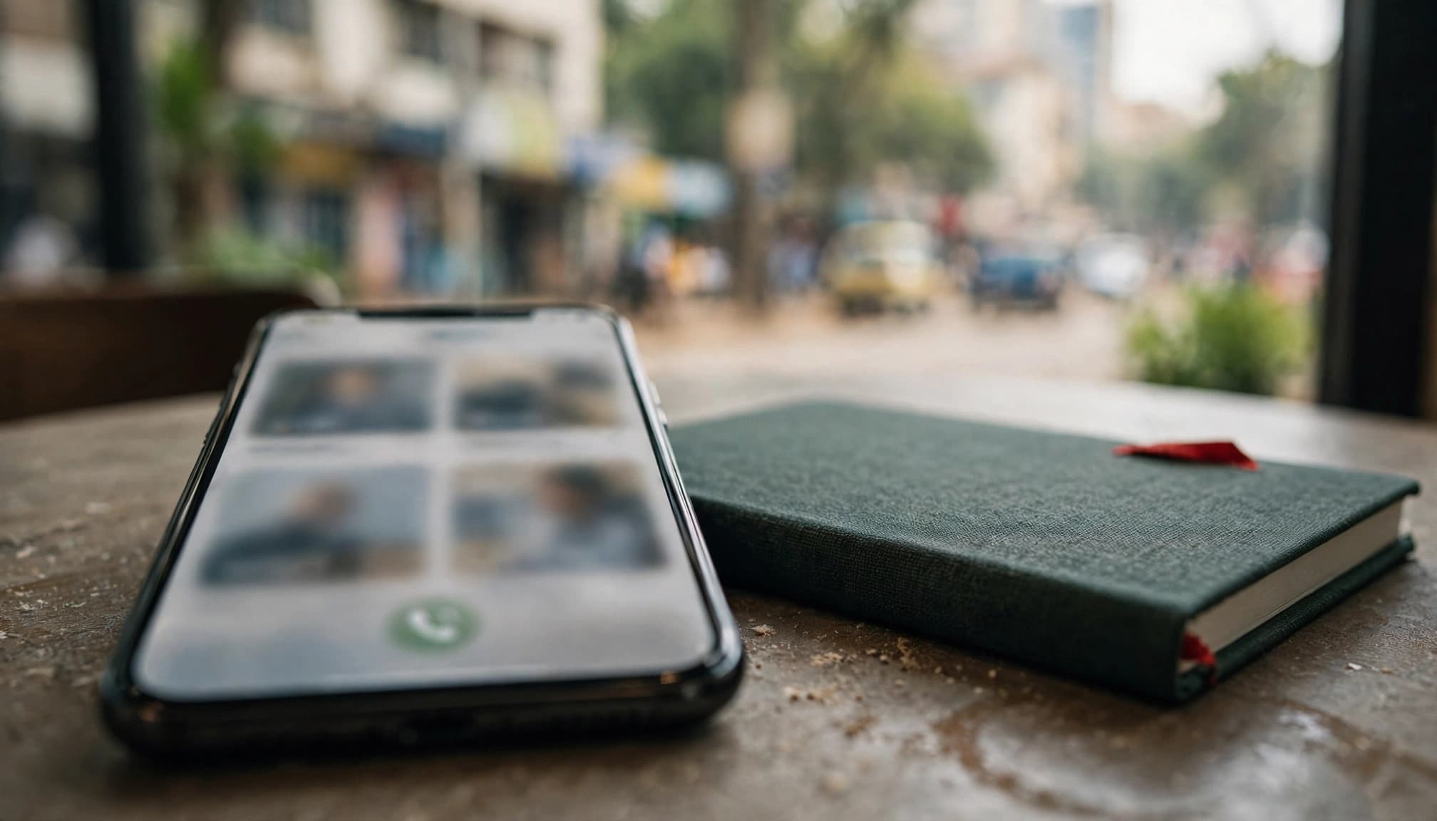 A smartphone displaying a blurred contact interface next to a closed green notebook on a table.