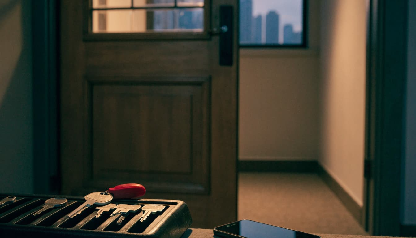 A key tray with keys and a phone on a surface with a door and window in the background.