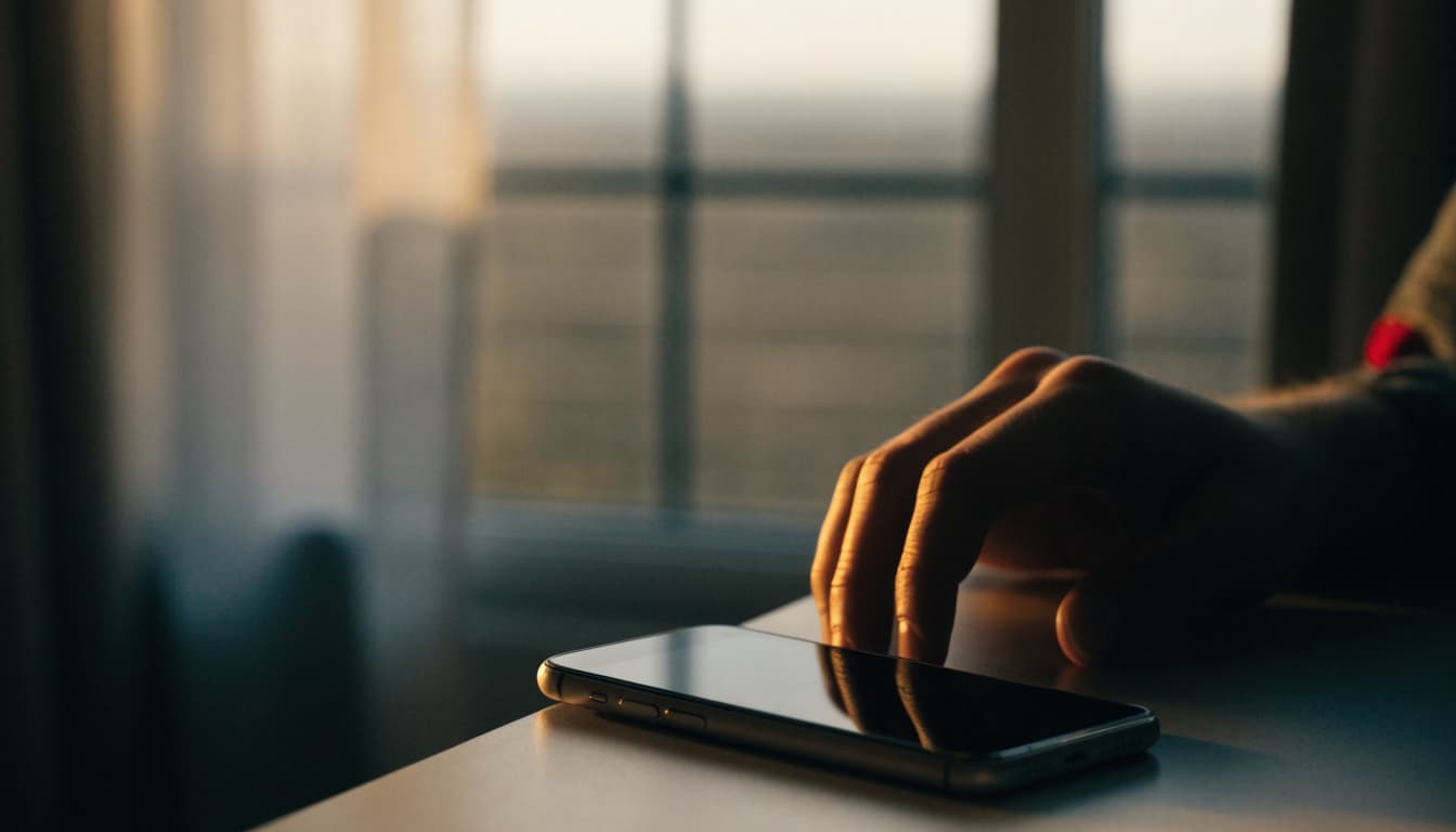 A hand rests beside a smartphone on a surface near a window at sunset.