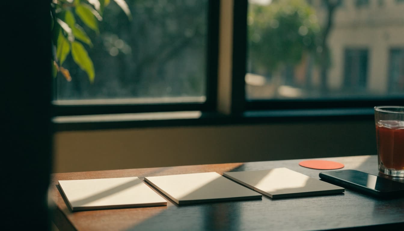 Three blank paper cards, a closed phone, and a glass of drink on a wooden table near a window.