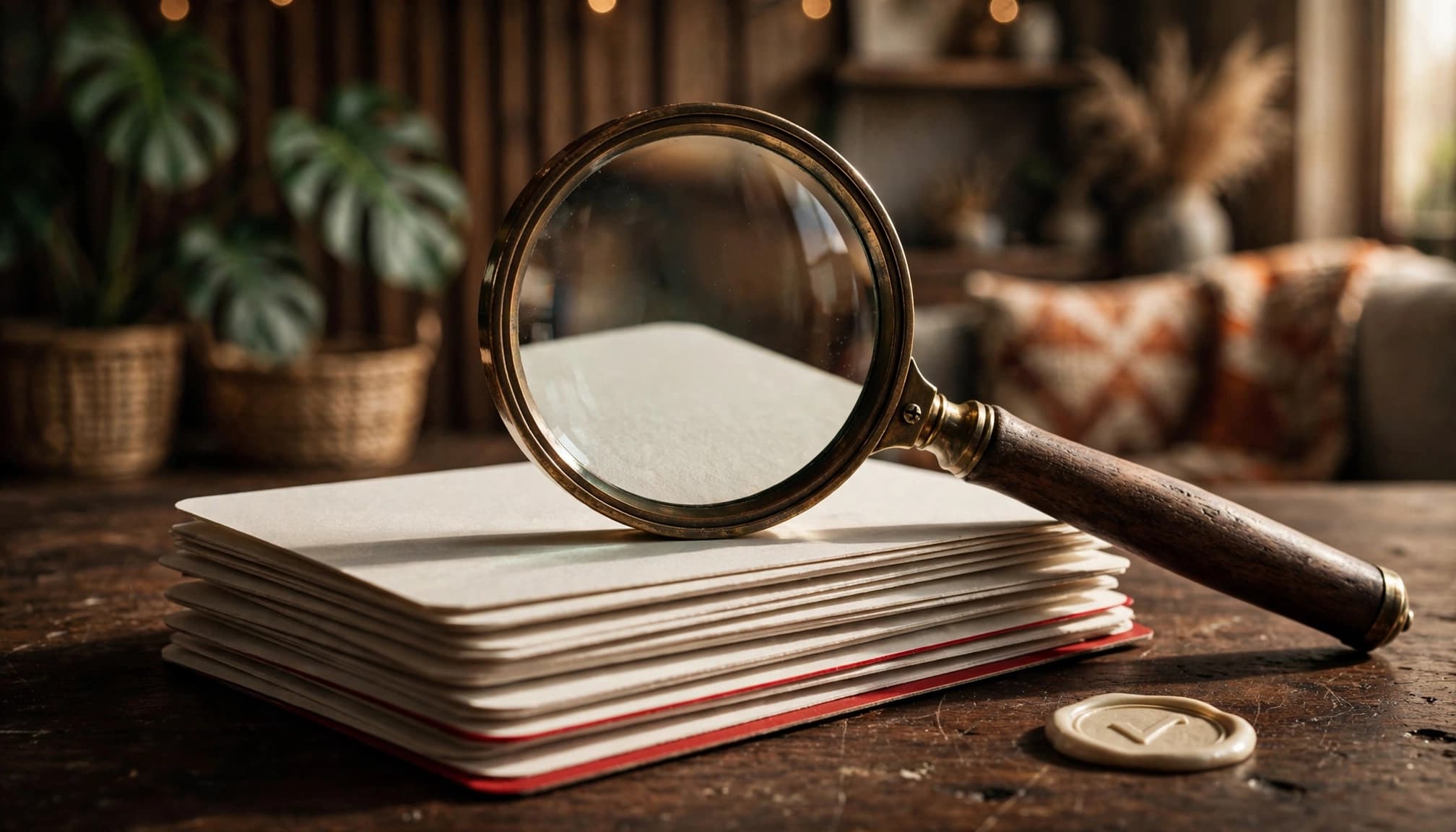 A magnifying glass rests over a stack of blank white cards on a dark wooden desk.