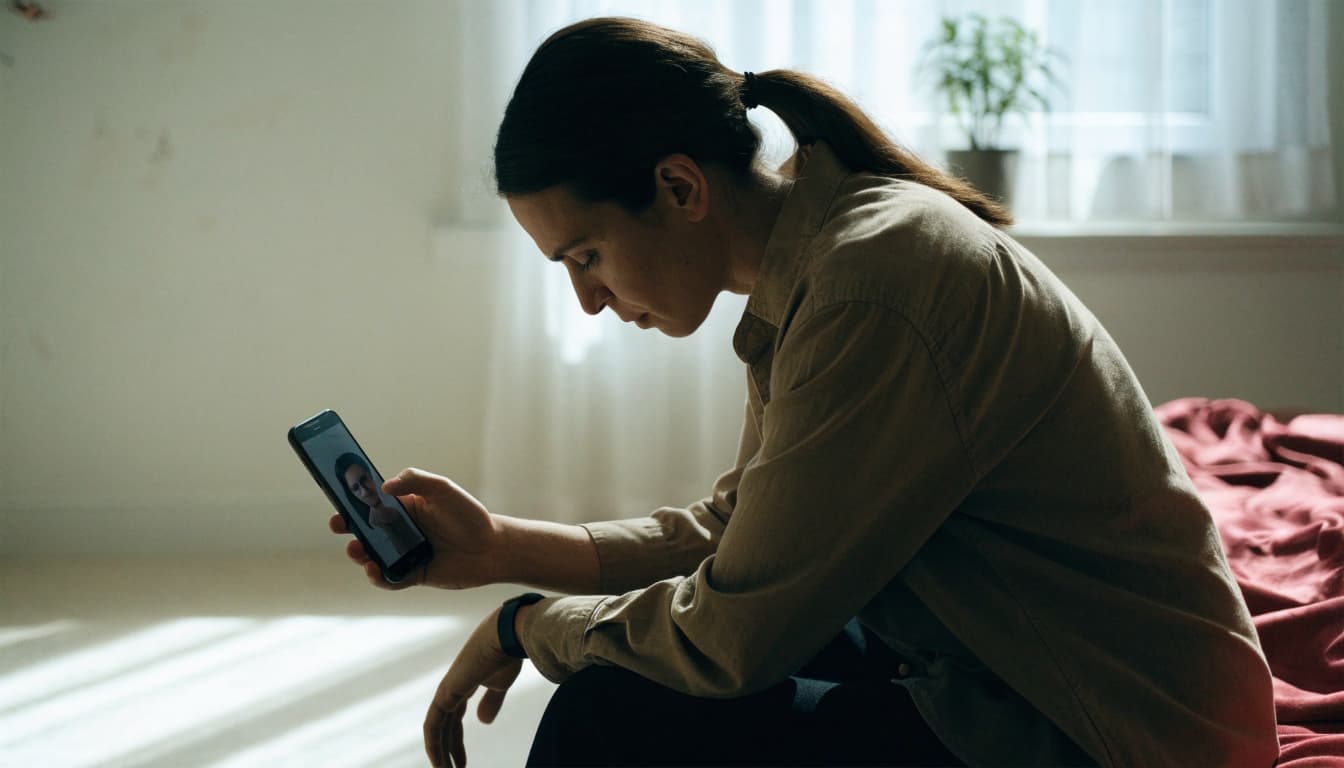 A person with hair in a ponytail sits in a bright room, looking down at a smartphone in their hand.