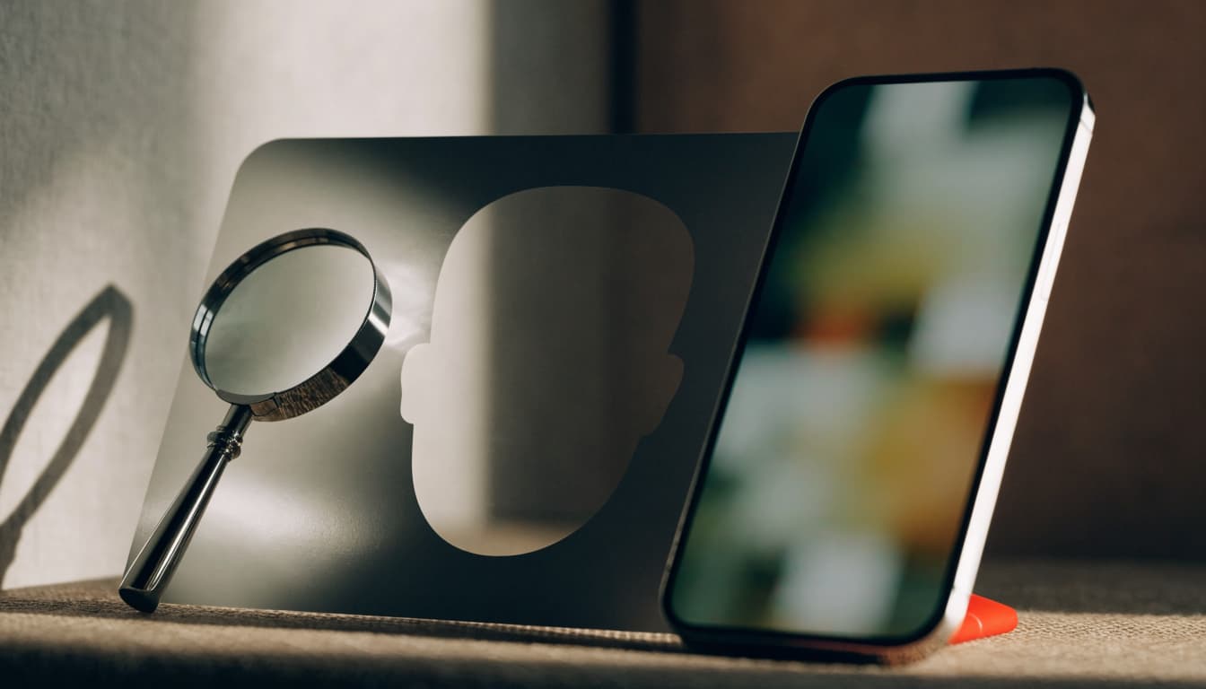 A blank identity card silhouette, a magnifying glass, and a smartphone on a tabletop.