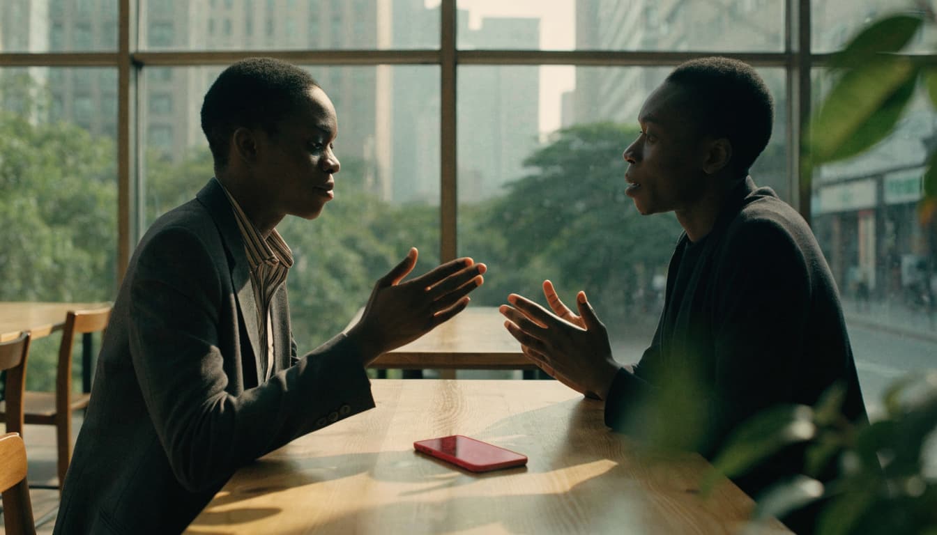 Two people having a conversation across a wooden cafe table with a red phone.