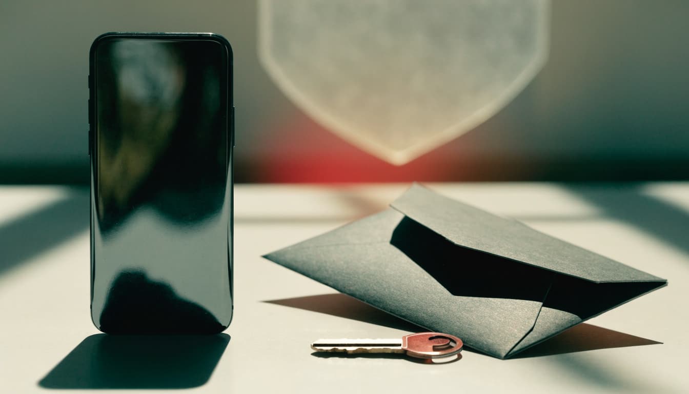 A smartphone, a closed dark envelope, and a key on a surface with a shield reflection.