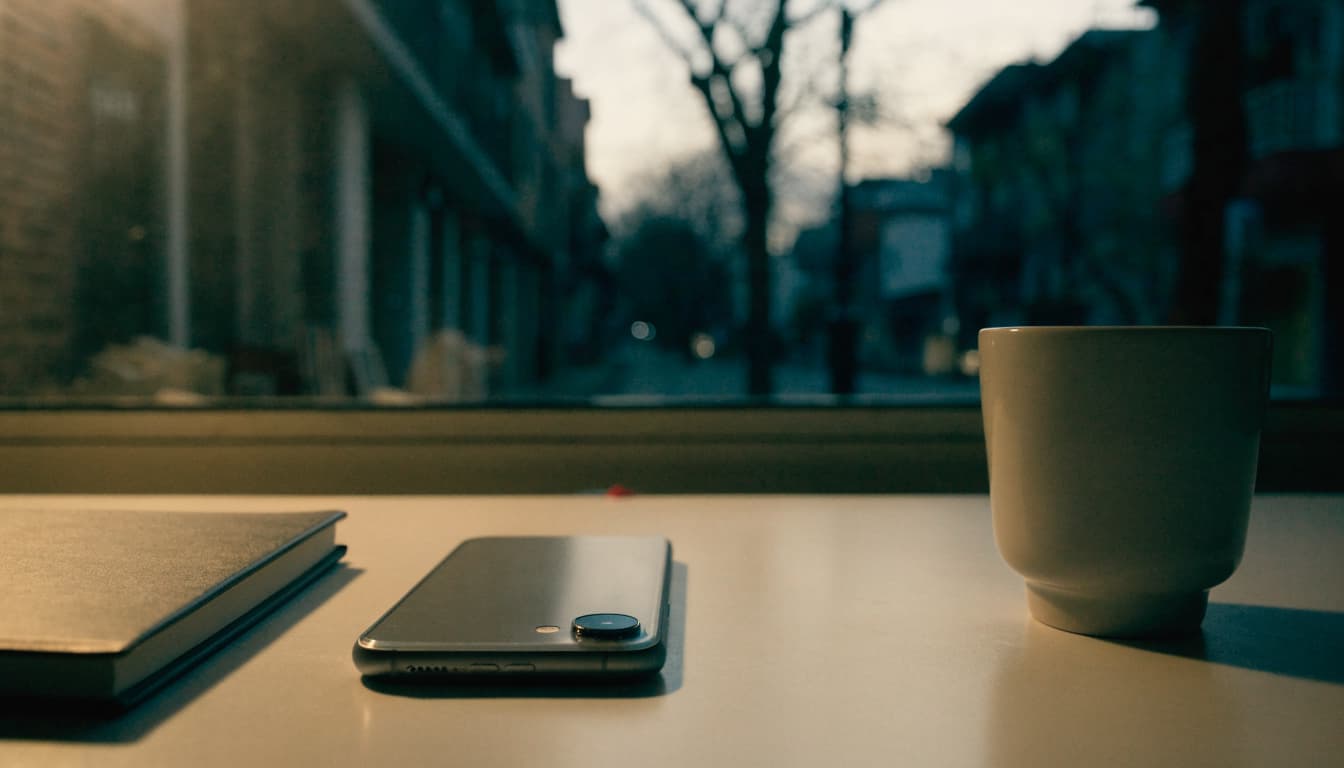 A smartphone lies face down next to a notebook and a ceramic cup on a table.